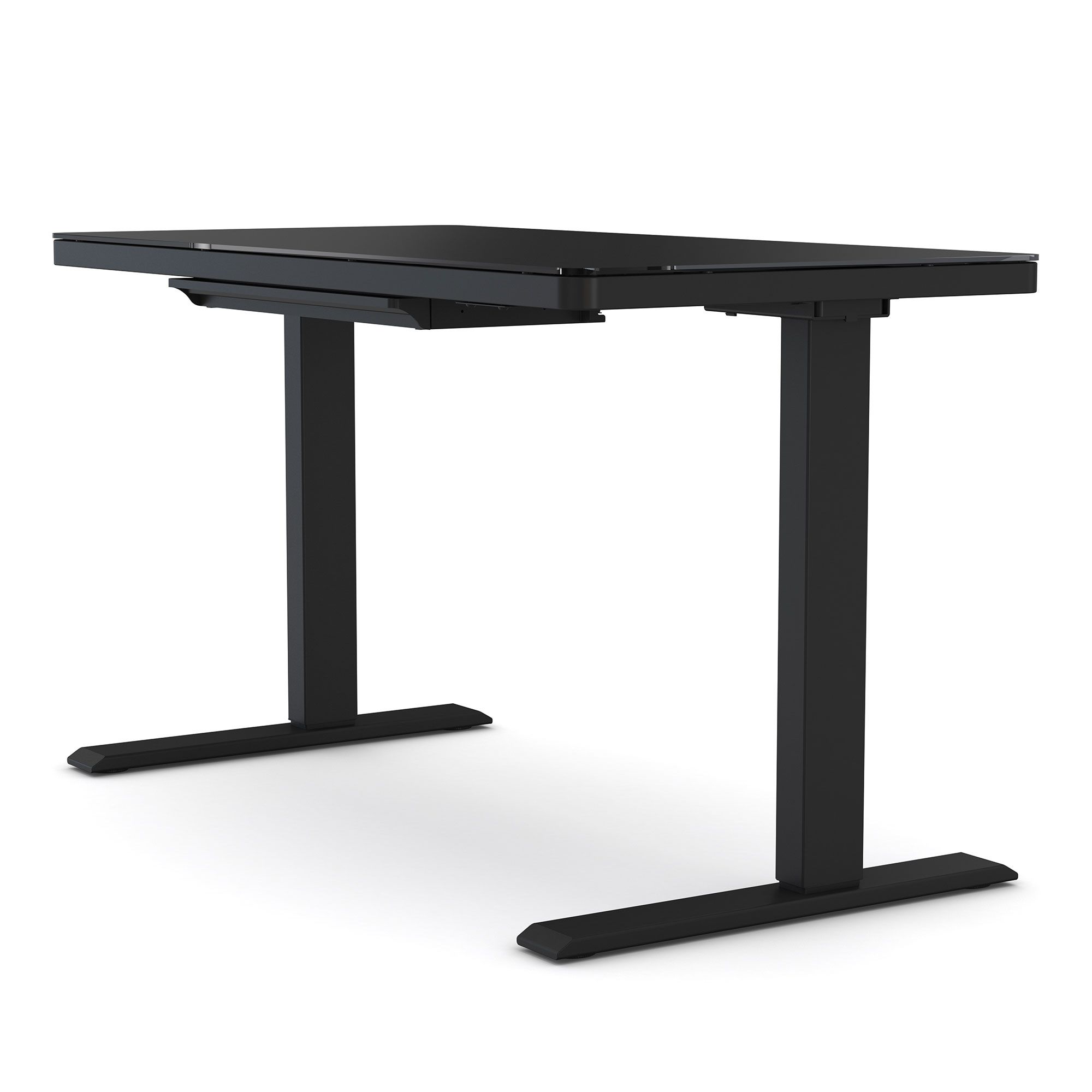 Schwarzer höhenverstellbarer Schreibtisch mit minimalistischem Design.