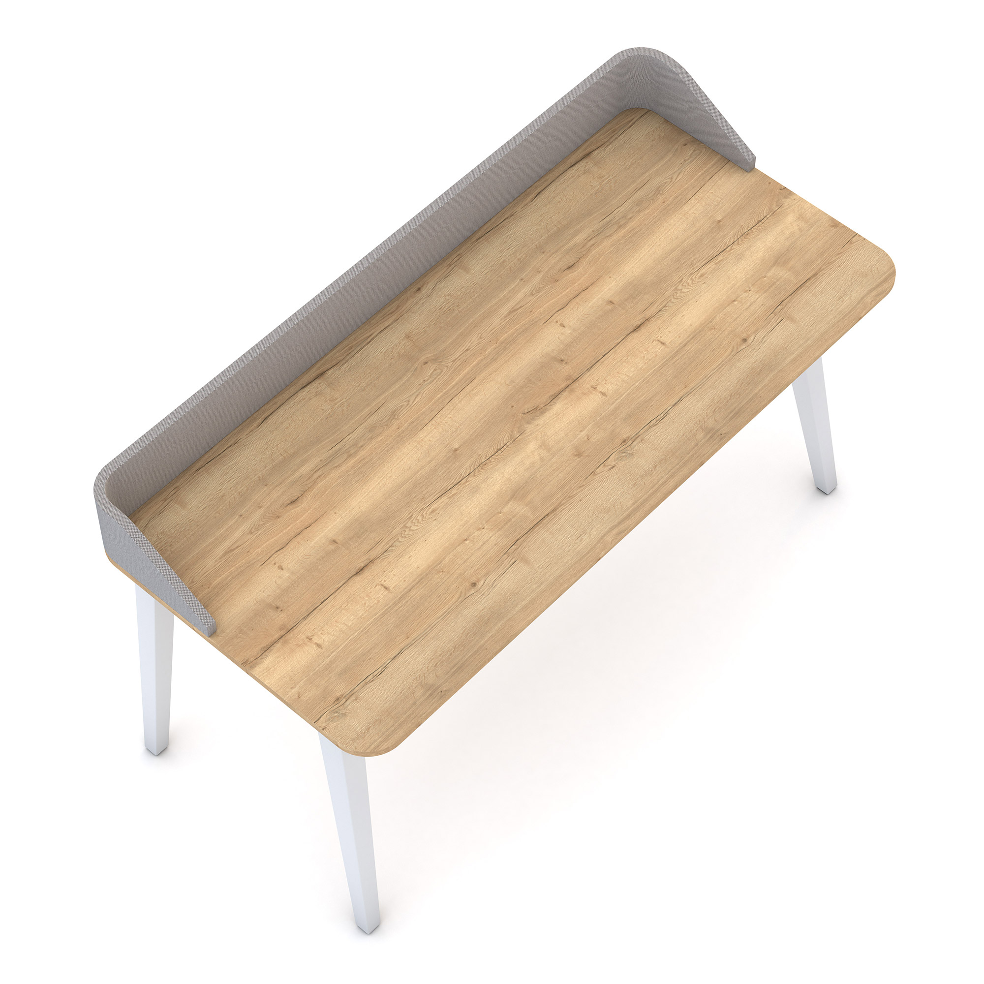 Heller Schreibtisch mit Holzplatte und grauer Sichtschutzumrandung