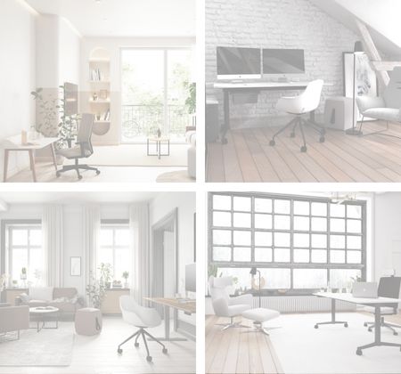 Vier verschiedene Homeoffice-Raumgestaltungen mit Schreibtischen und Bürostühlen