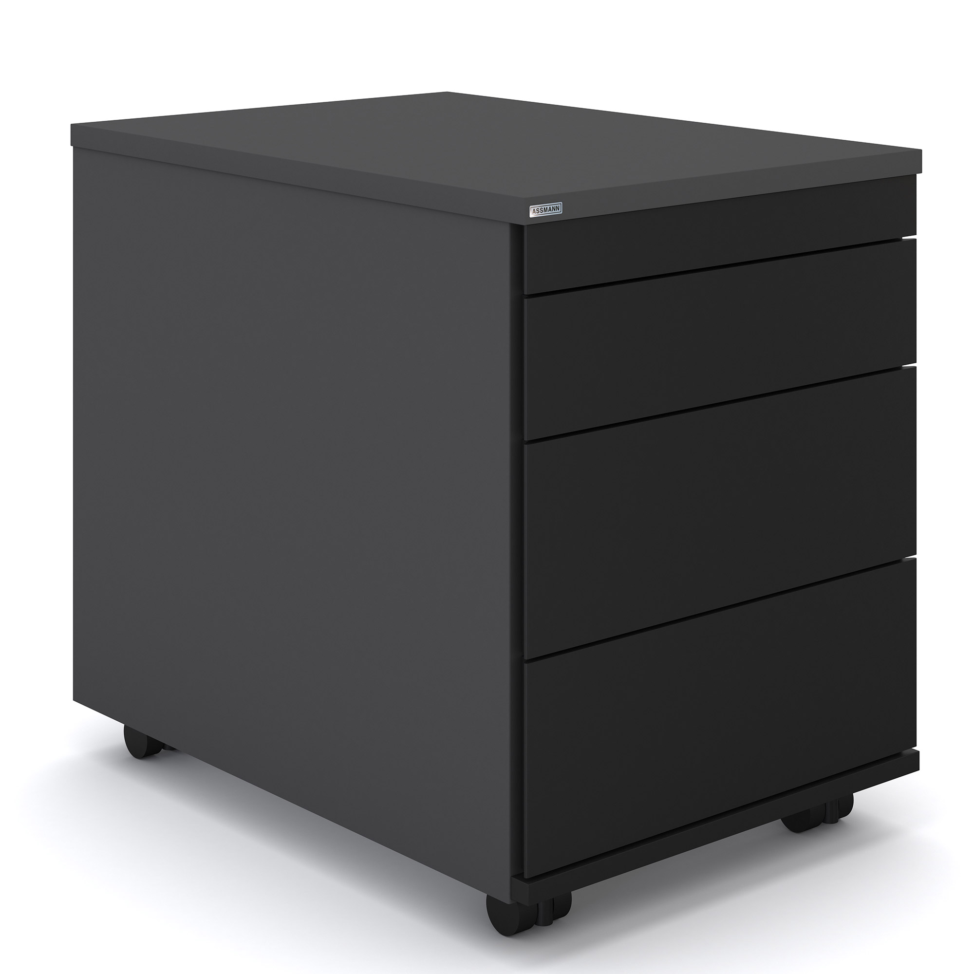 Ein schwarzer Rollcontainer mit vier Schubladen.