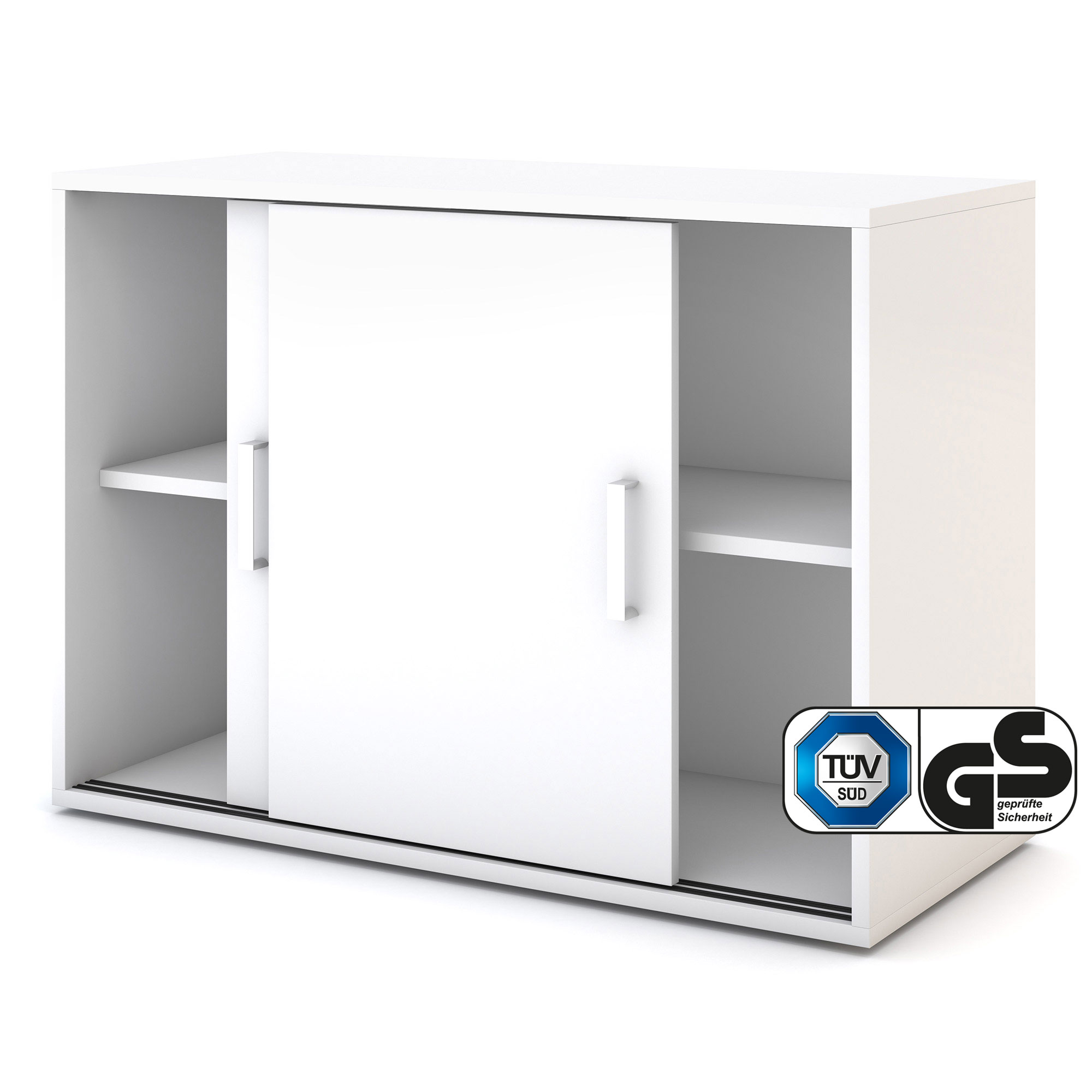 Weißer Schrank mit Schiebetüren und Regalen.