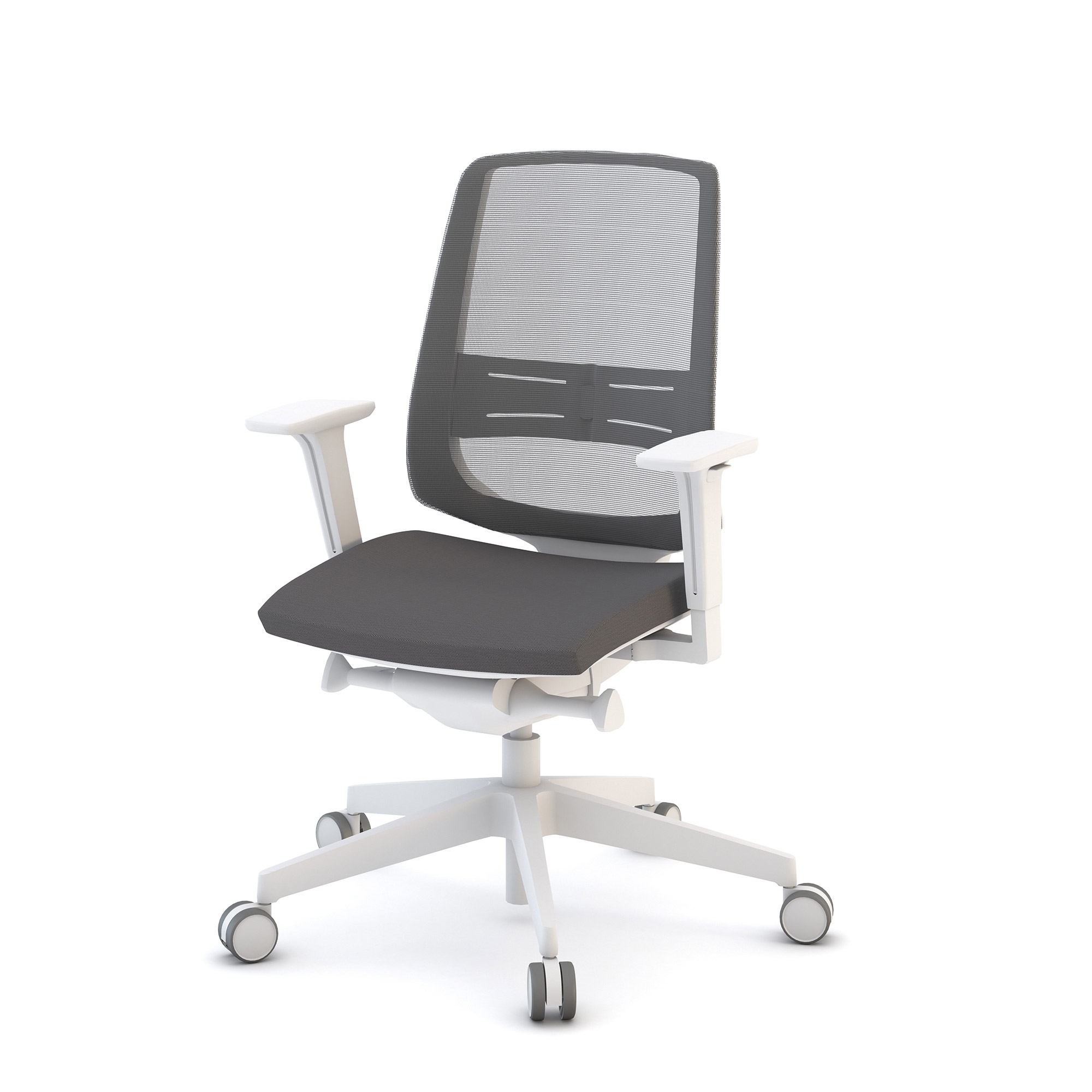 Ein ergonomischer Bürostuhl mit einem Netzrücken und einem grauen Sitzpolster.