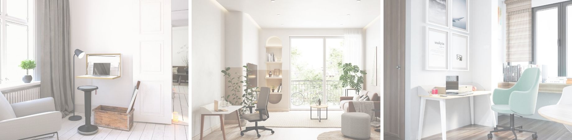 Collage aus drei minimalistischen Homeoffice-Setups mit verschiedenen Schreibtischen und Stühlen in hellen Räumen