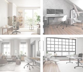 Vier verschiedene Arbeitszimmer mit modernen Möbeln und hellem Licht.