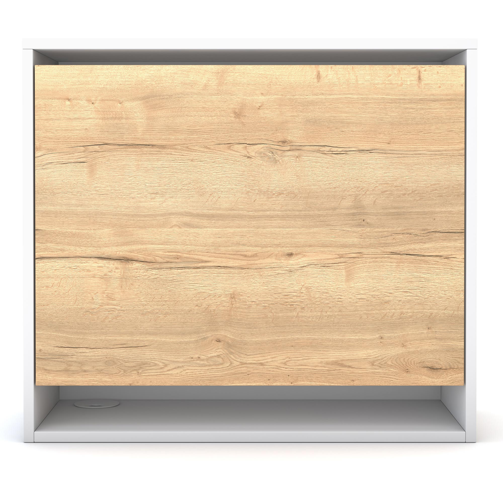 Frontansicht eines Sideboards mit heller Holzfront und weißem Korpus.