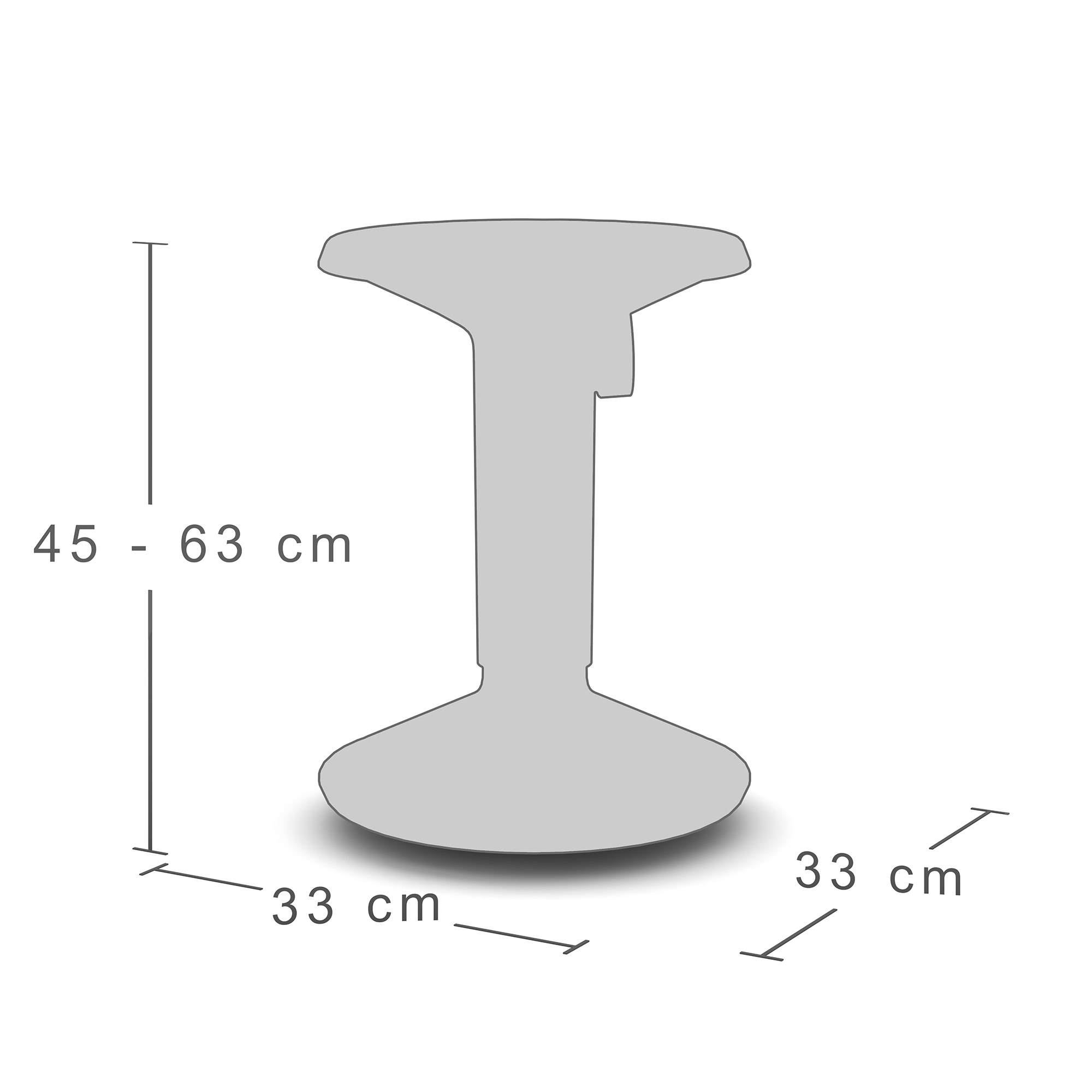 Maßgrafik eines höhenverstellbaren Hockers mit 33 cm Durchmesser und 45–63 cm Sitzhöhe