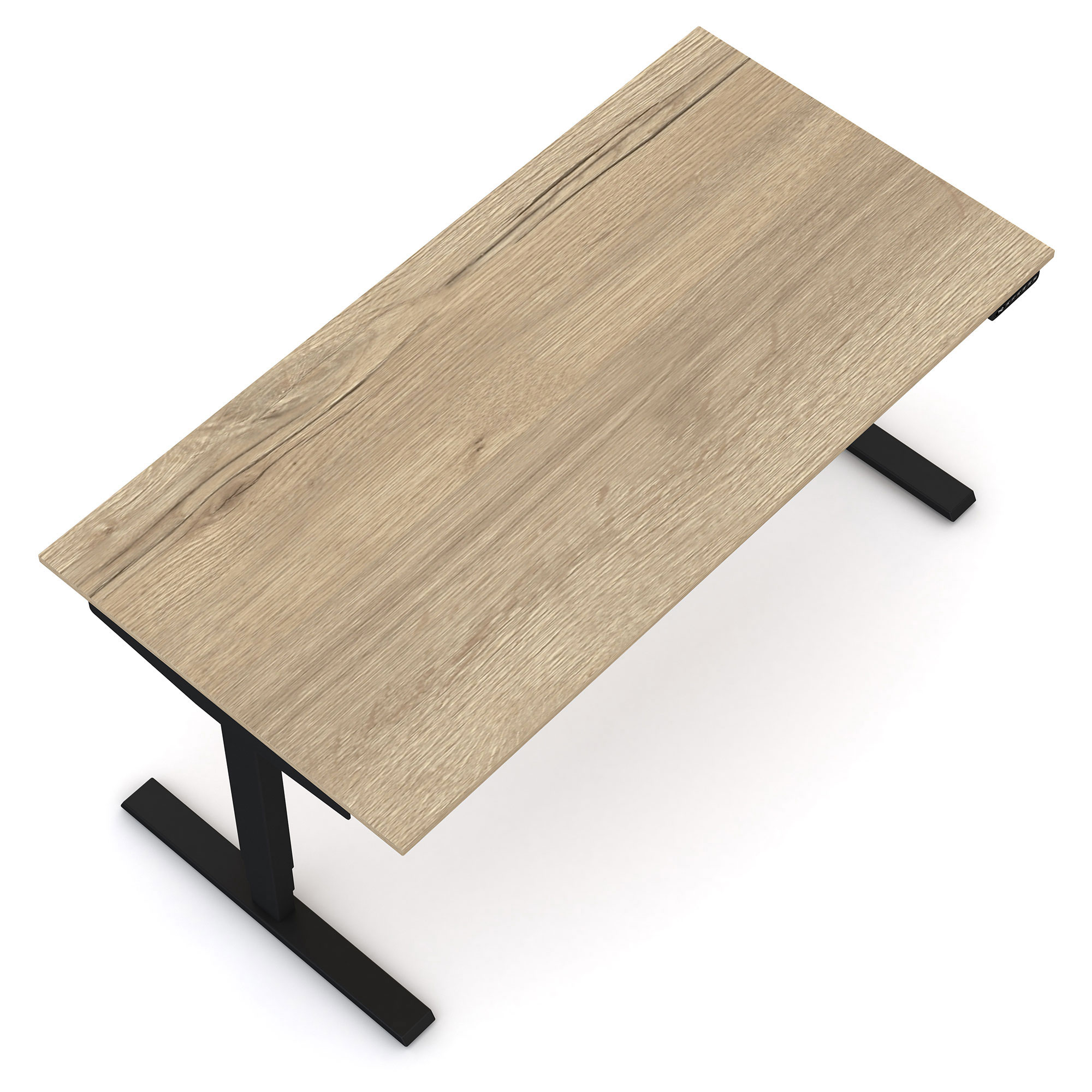 Schreibtisch mit Holzplatte und schwarzem Gestell in Vogelperspektive