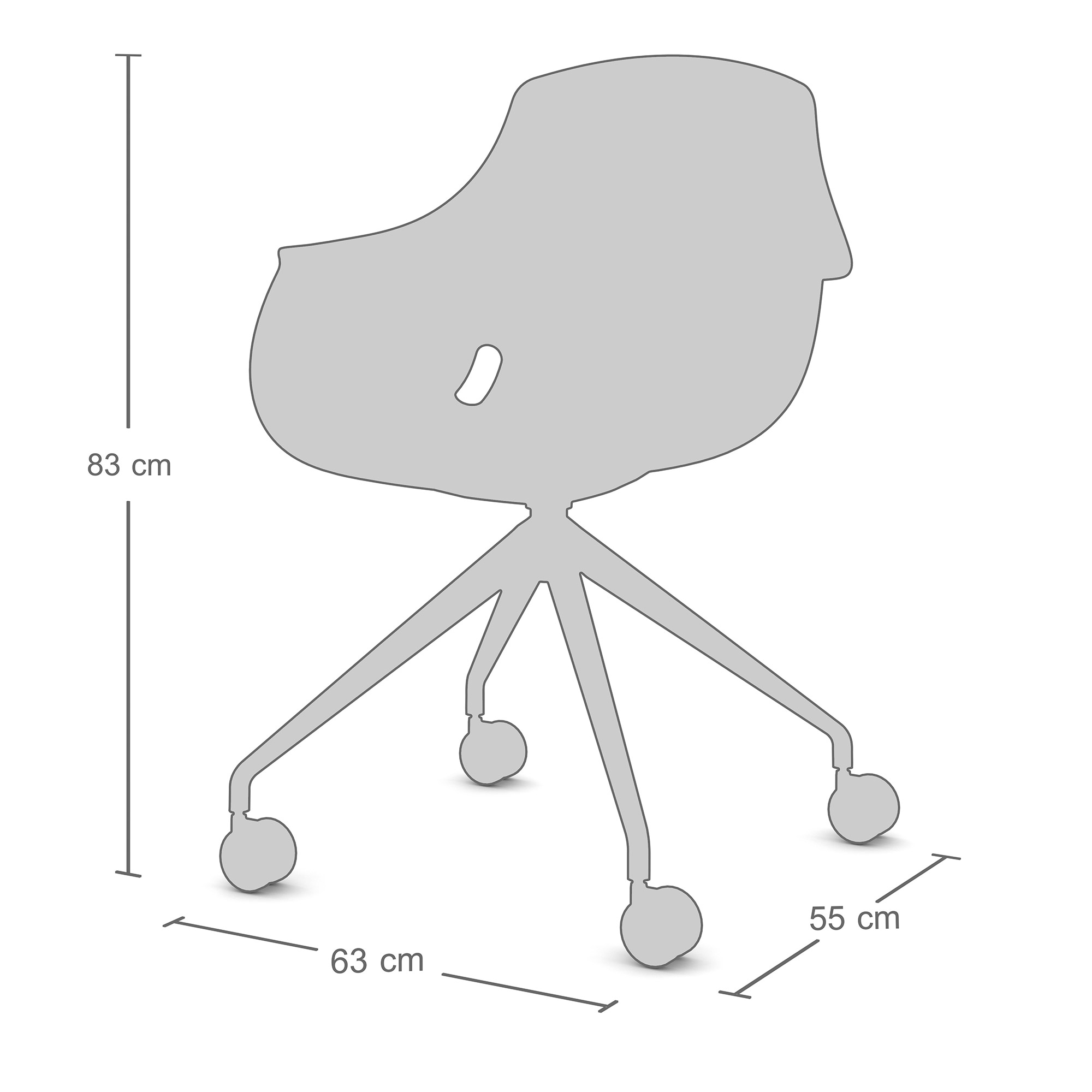 Technische Zeichnung eines weißen Vierbein-Stuhls mit den Maßen 83 x 63 x 55 cm