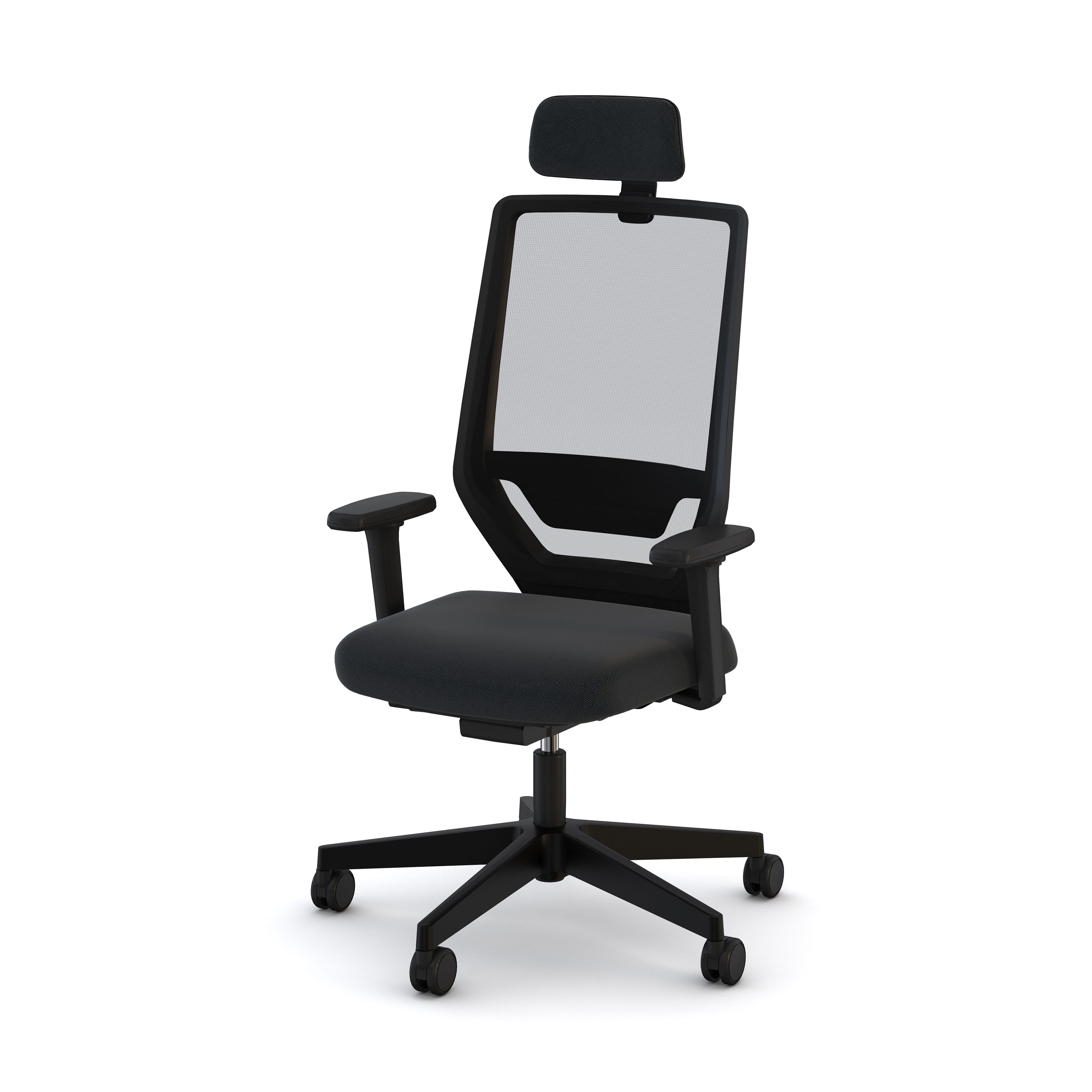 Ein ergonomischer Bürostuhl mit Netzrückenlehne und verstellbarem Kopfteil.