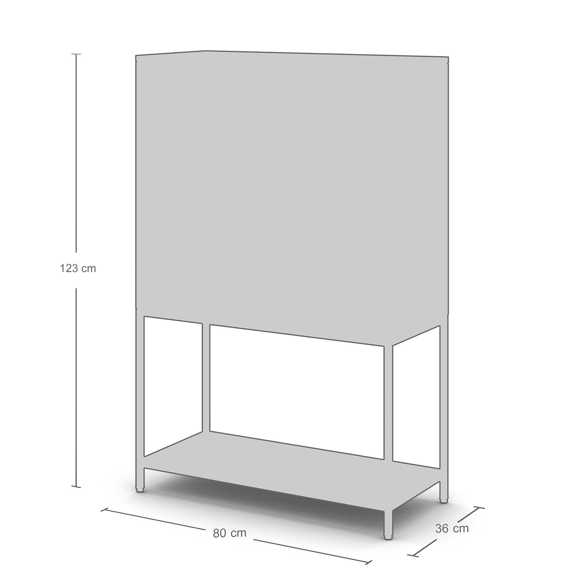 Eine technische Zeichnung eines Möbelstücks, vermutlich eines Schränkchens, mit den Maßen: Höhe 117 cm, Breite 80 cm, Tiefe 36 cm.