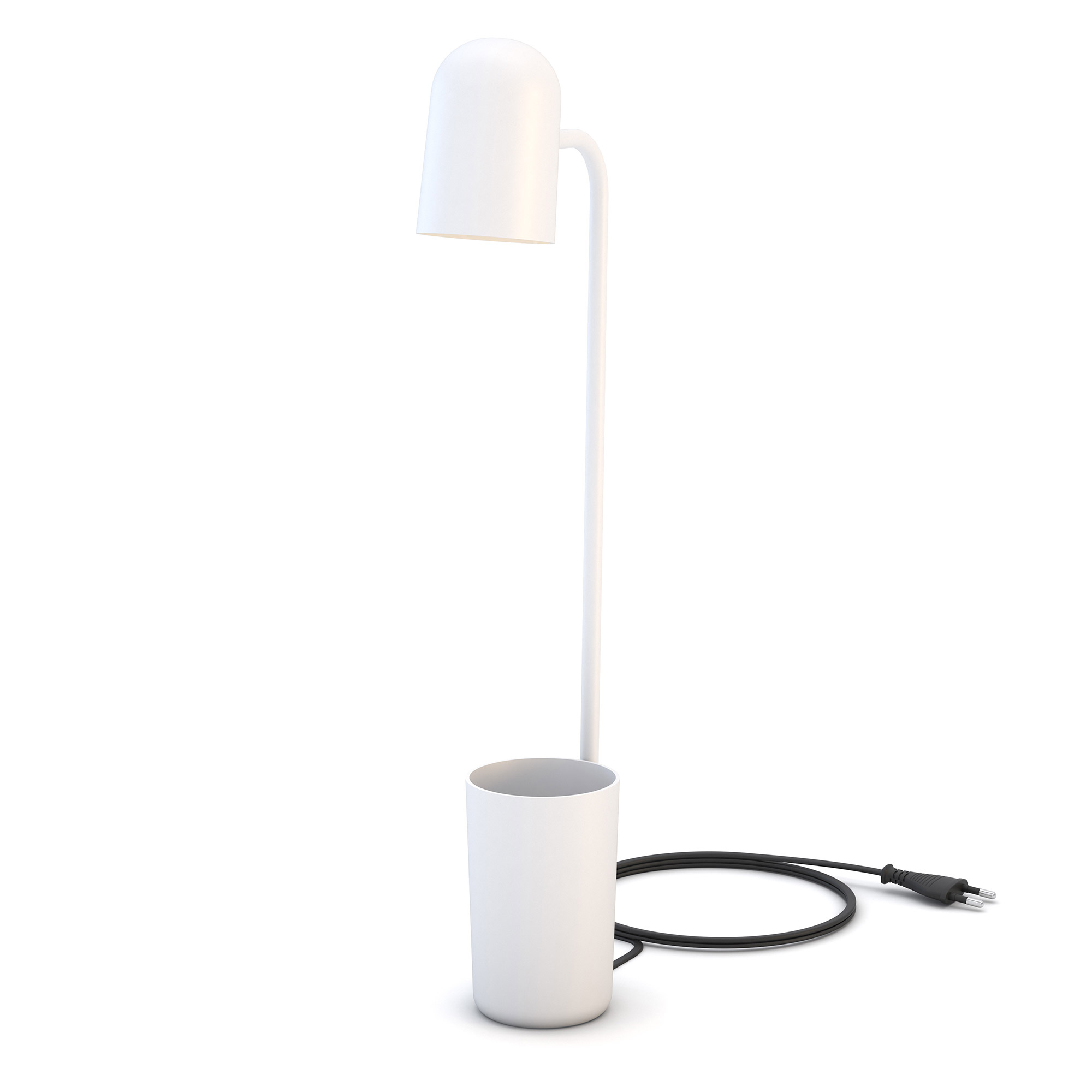 Minimalistische weiße Schreibtischlampe mit Kabel und Stecker.