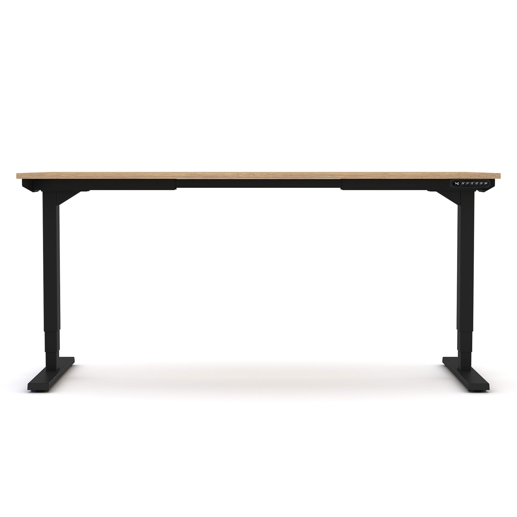 Höhenverstellbarer Schreibtisch mit schwarzem Gestell und Holzplatte in Frontansicht.