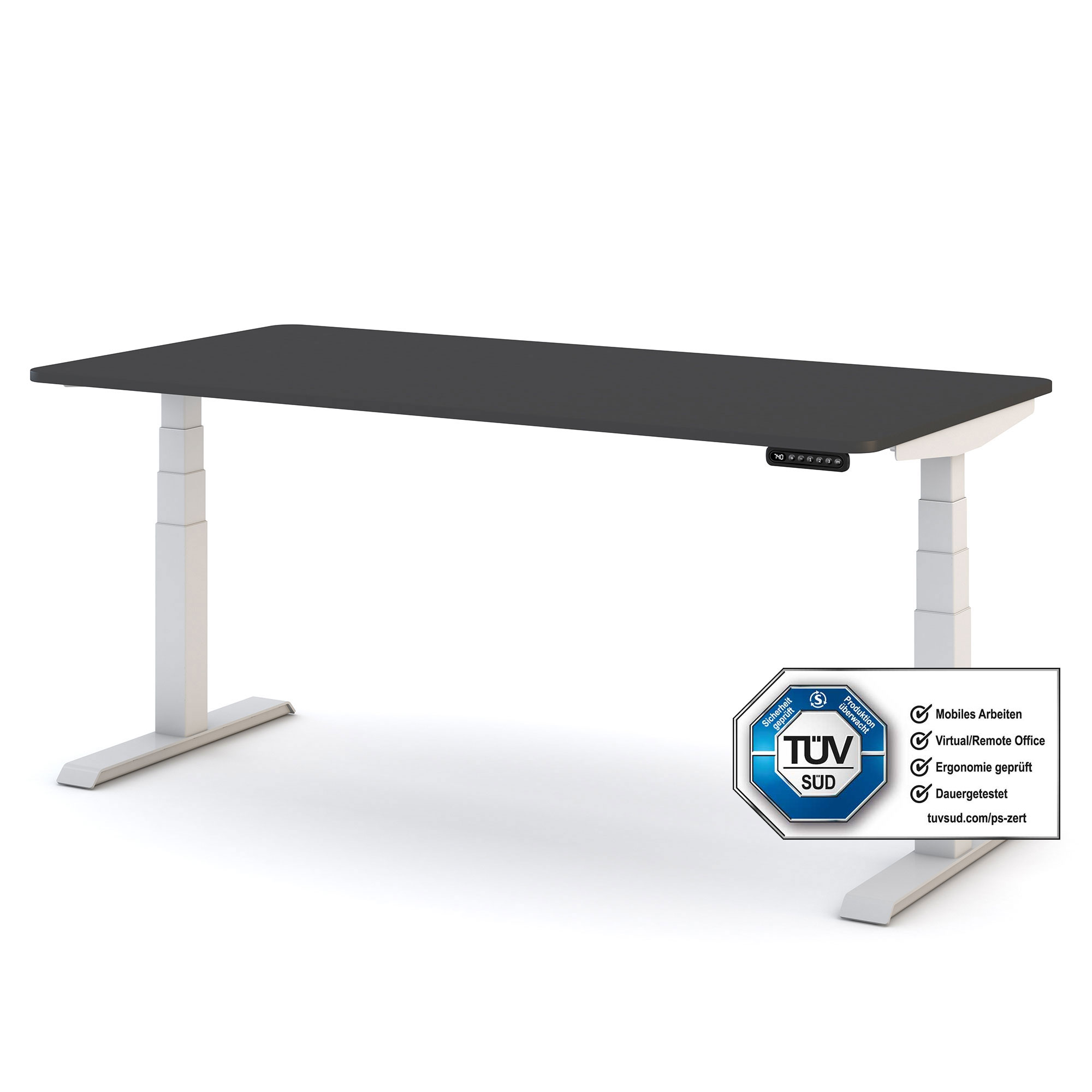 Elektrisch höhenverstellbarer Schreibtisch mit schwarzer Tischplatte und weißem Gestell – TÜV-zertifizierter Arbeitsplatz für ergonomisches und flexibles Arbeiten im Home-Office