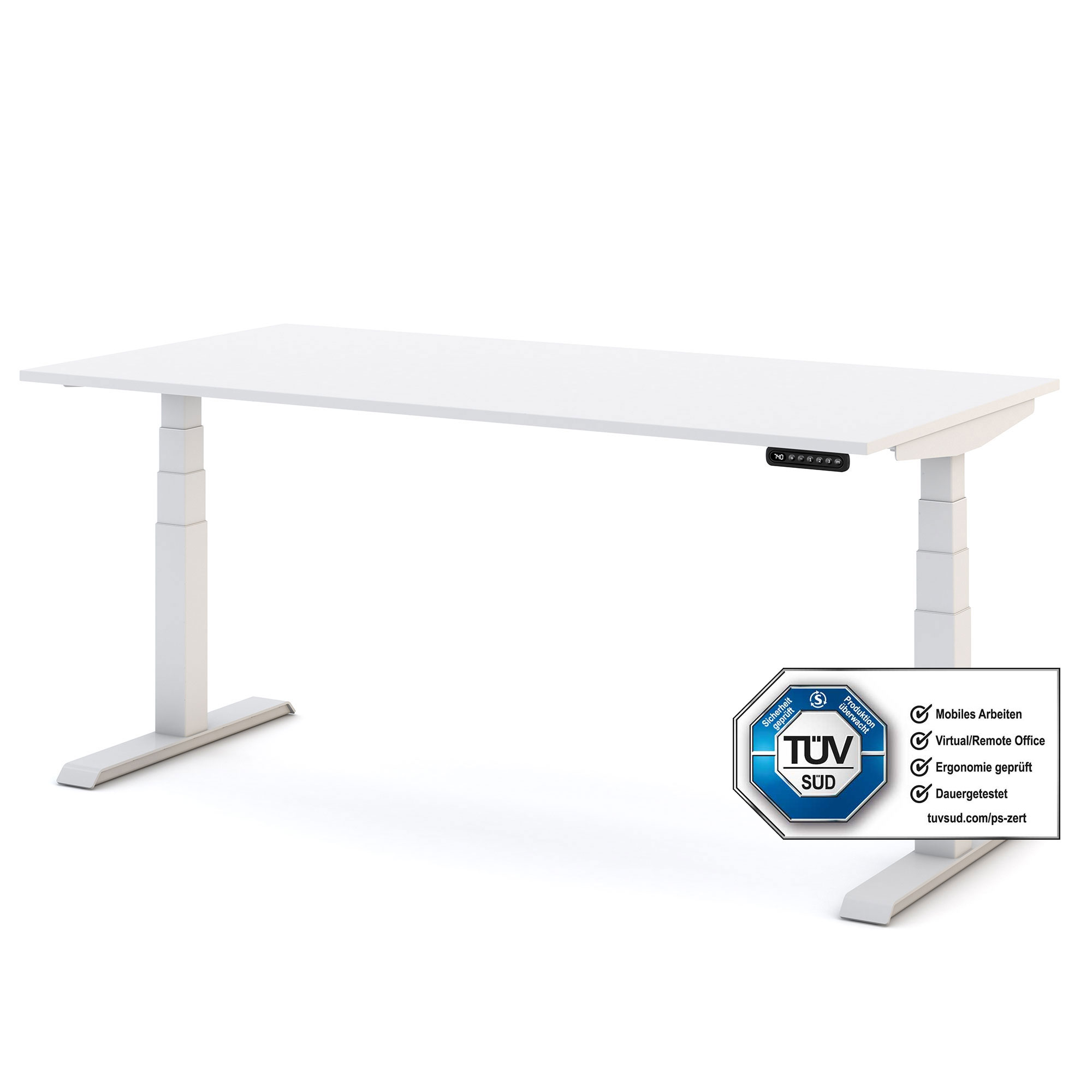 Höhenverstellbarer Schreibtisch mit weißer Platte, weißem Gestell und TÜV-Zertifizierung für ergonomisches Arbeiten