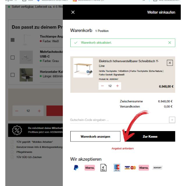 Warenkorbansicht mit Schreibtisch Y-Line und Bestellübersicht im ASSMANN HOME Shop