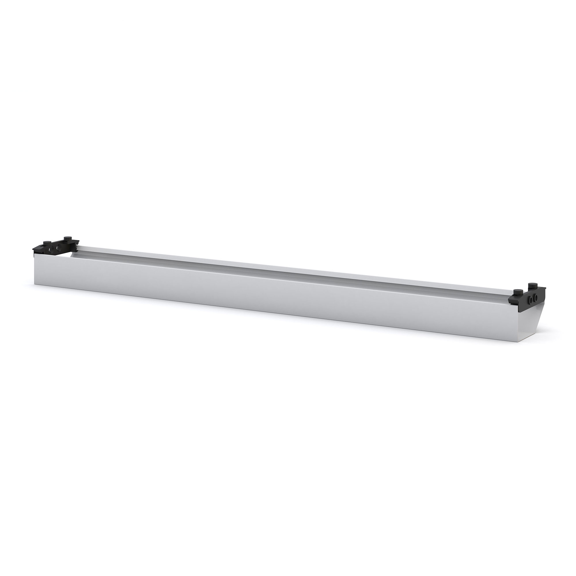 Eine lange, graue Aluminiumleiste mit schwarzen Enden.