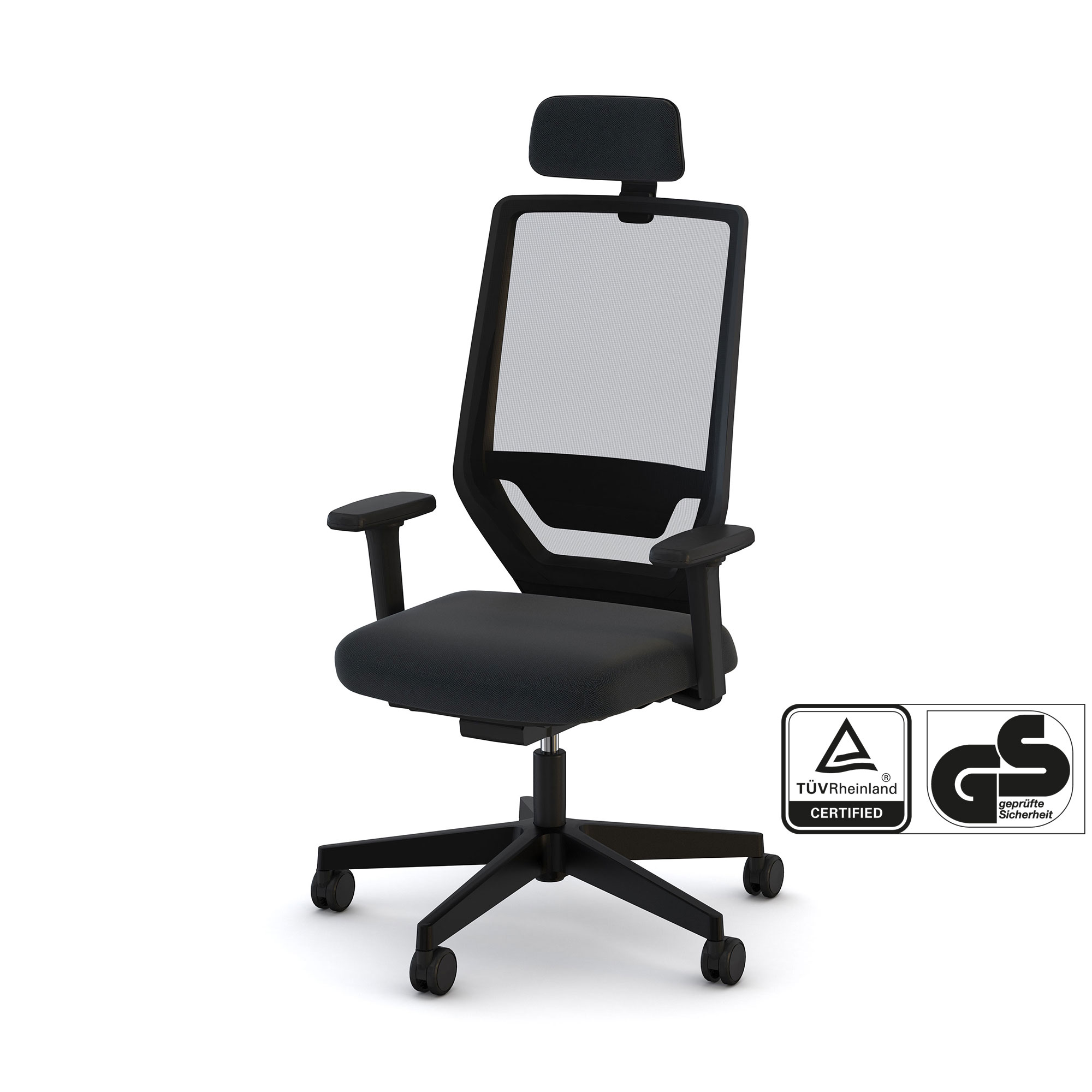 Ein moderner Bürostuhl mit einem Netzrückenlehne und verstellbarem Kopfteil, ausgestattet mit Armlehnen und einem stabilen Rolluntergestell.
