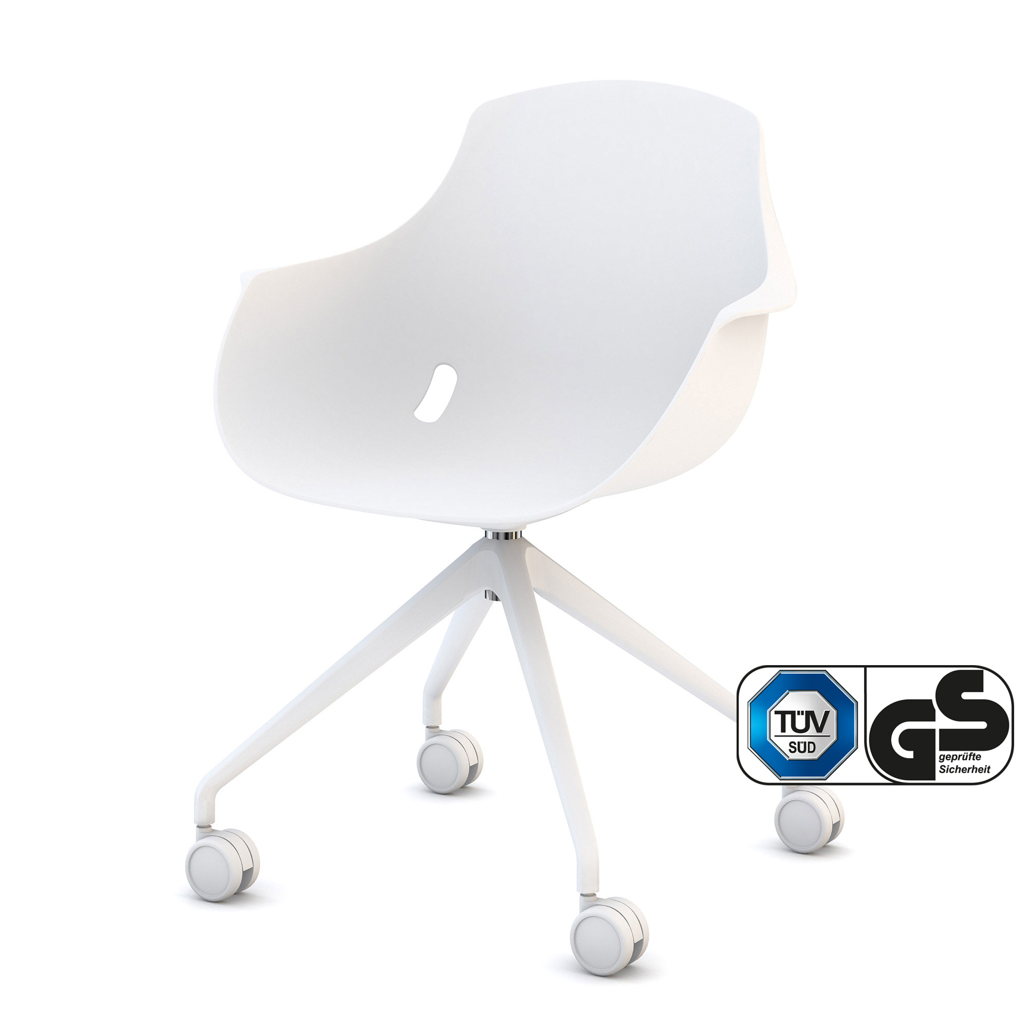 Ergonomischer weißer Drehstuhl mit TÜV und GS Siegel.