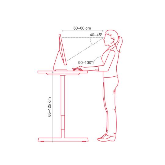 Grafik zur ergonomischen Arbeitsplatzhöhe mit Maßangaben.