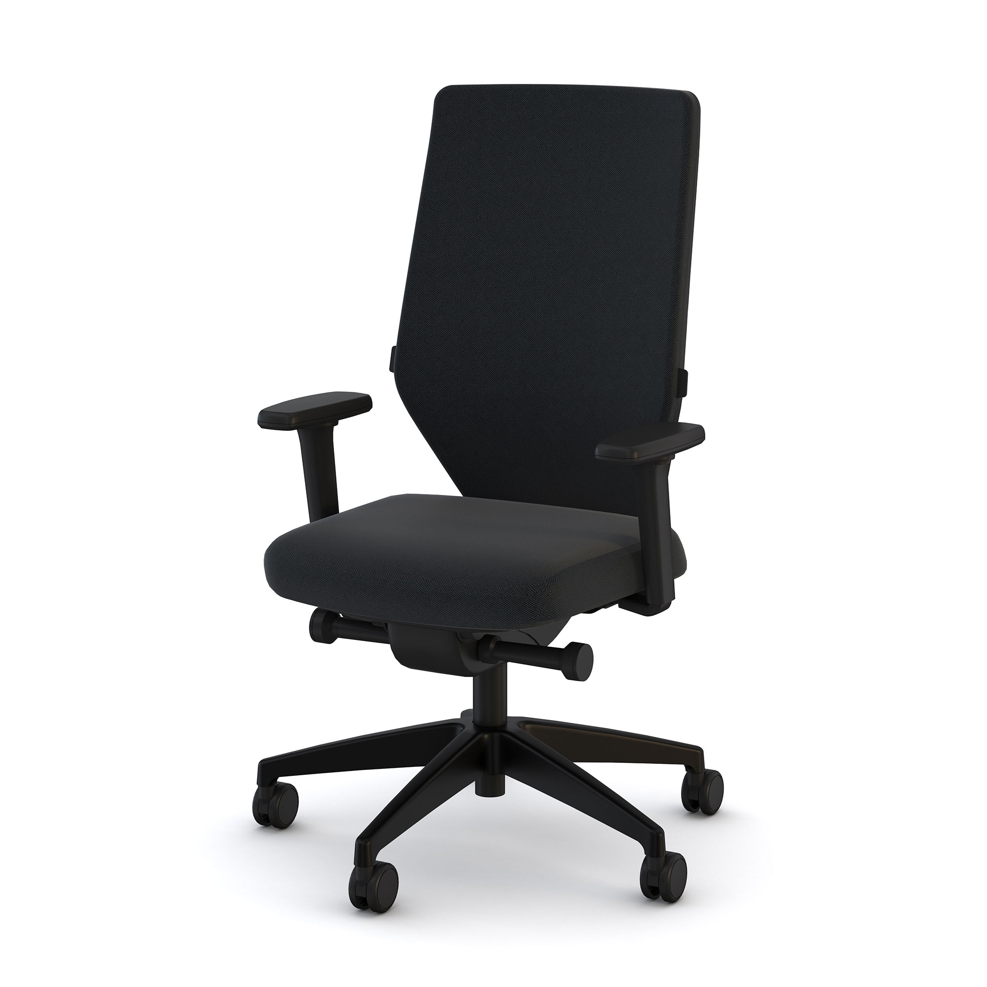 Ergonomischer Bürostuhl mit schwarzer Polsterung und verstellbaren Armlehnen.