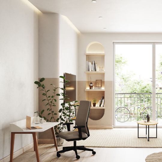 Helles Home-Office mit ergonomischem Stuhl, weißem Schreibtisch und natürlichem Tageslicht