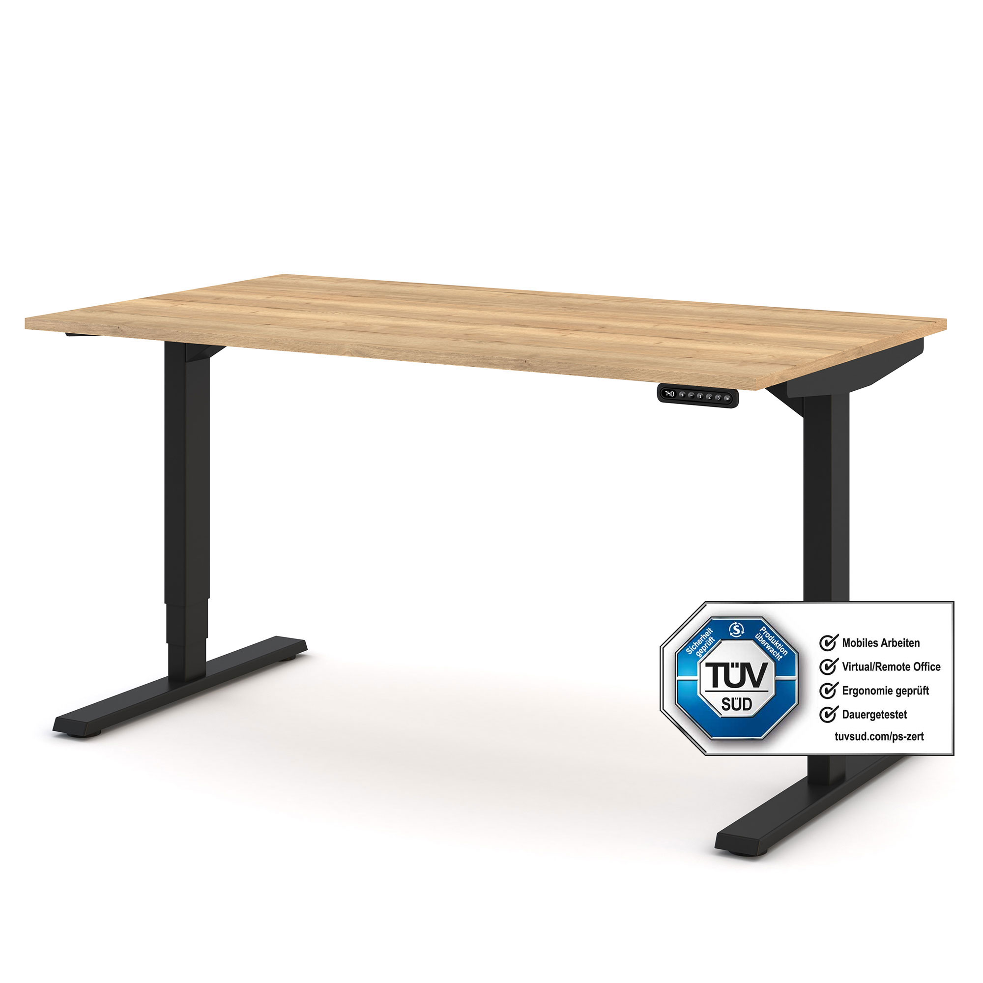 Ergonomischer Schreibtisch mit Holzplatte und schwarzem Gestell, TÜV-geprüft für mobiles Arbeiten.
