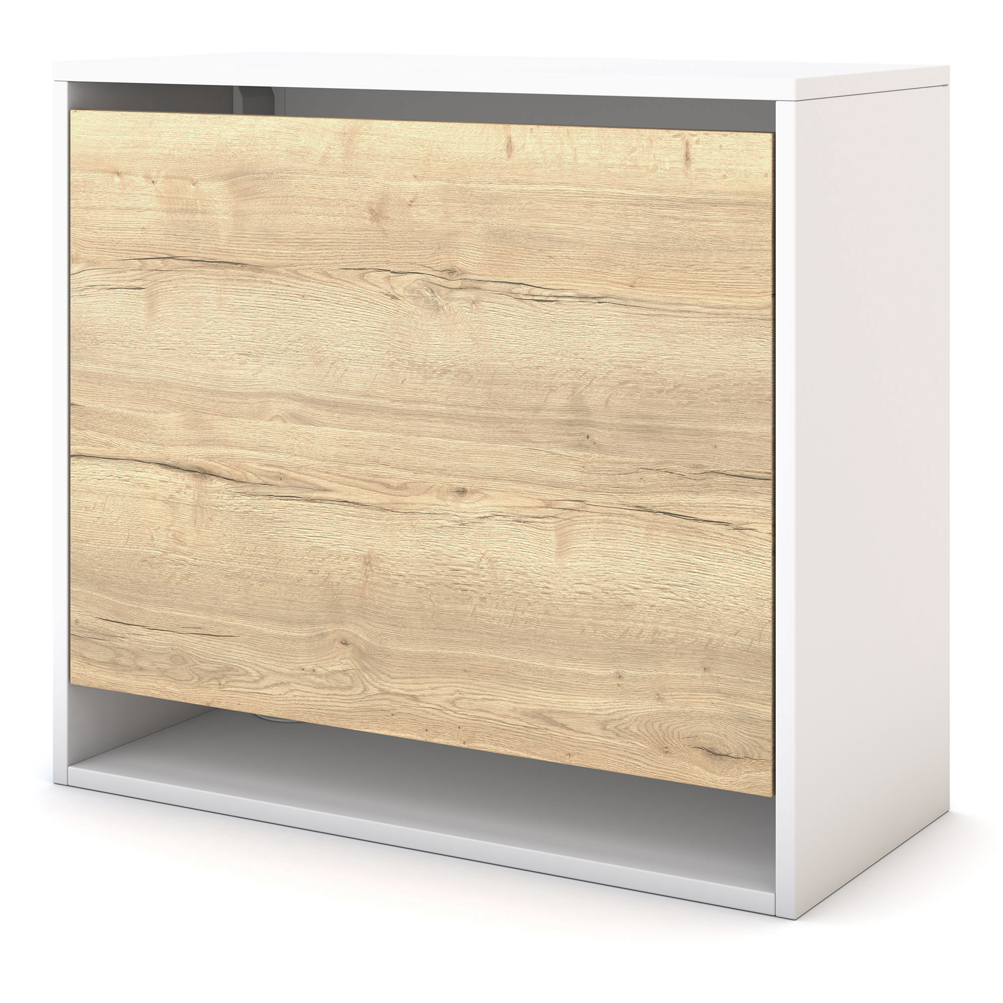 Ein moderner Schrank mit einer Holzoptik-Tür und weißen Seiten.