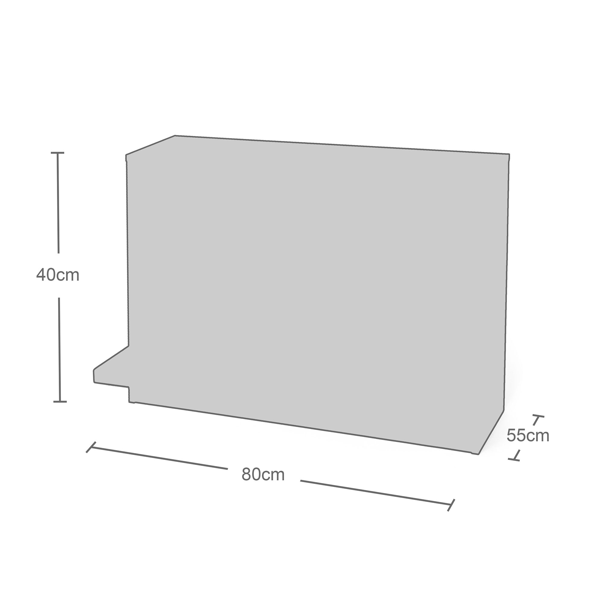 Ein graues Möbelstück mit den Abmessungen 80 cm Breite, 40 cm Höhe und 55 cm Tiefe.