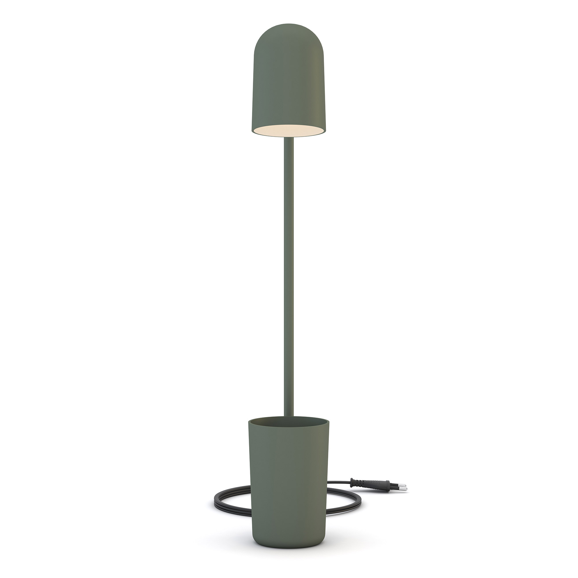 Eine moderne Stehlampe mit einem schlichten, runden Lampenschirm und einem stabilen Sockel.