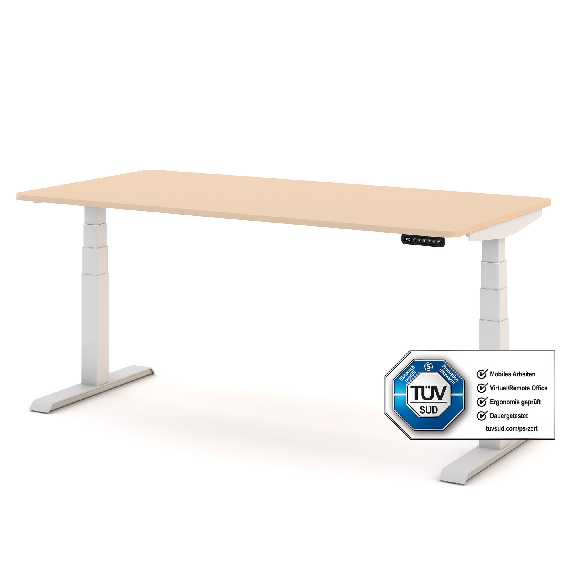 Elektrisch höhenverstellbarer Schreibtisch mit beiger Tischplatte und weißem Gestell – ergonomisch geprüft und TÜV-zertifiziert für mobiles Arbeiten und Home-Office
