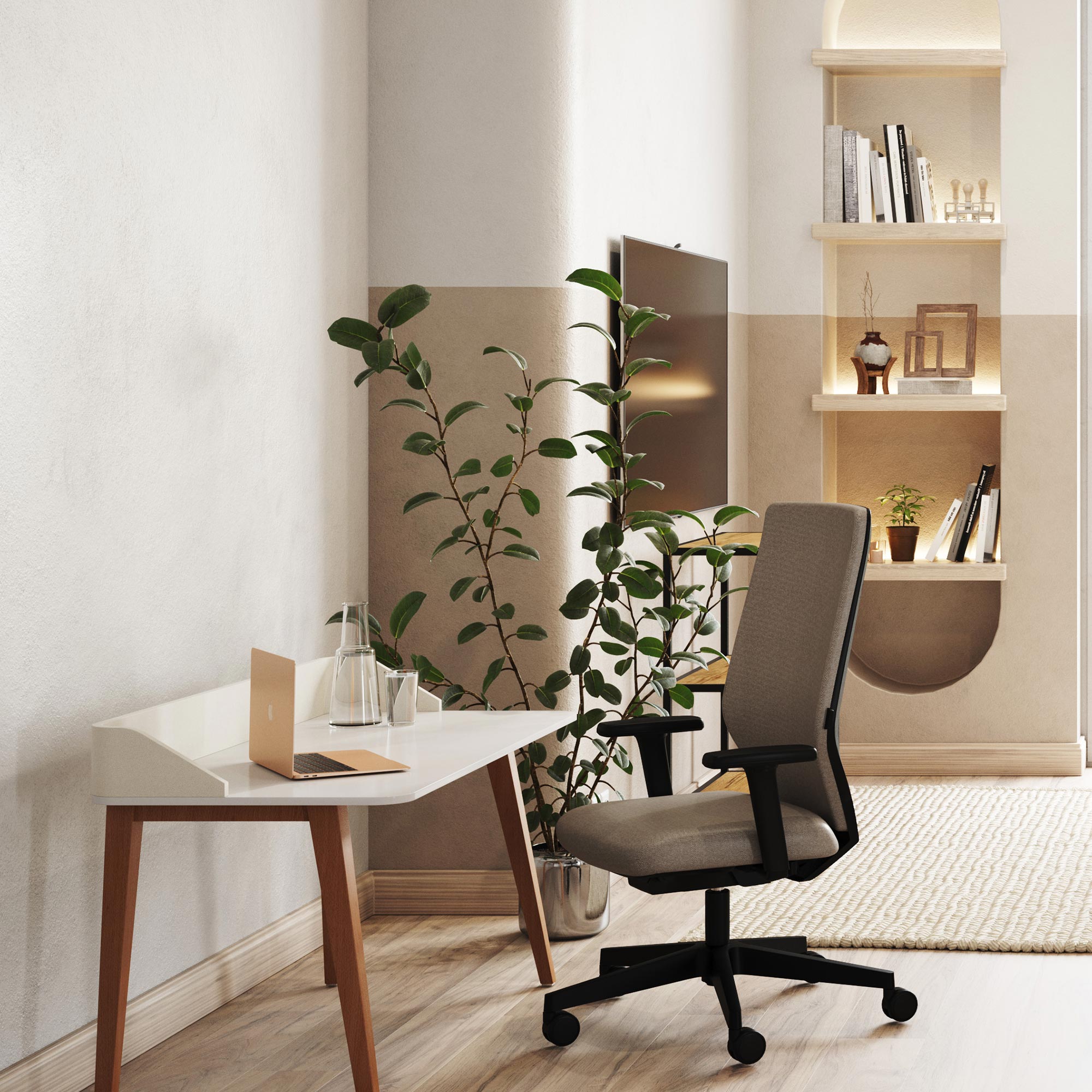 Ein modernes Büro mit einem weißen Schreibtisch, einem ergonomischen Stuhl, einer Pflanze und Regalen mit Büchern.