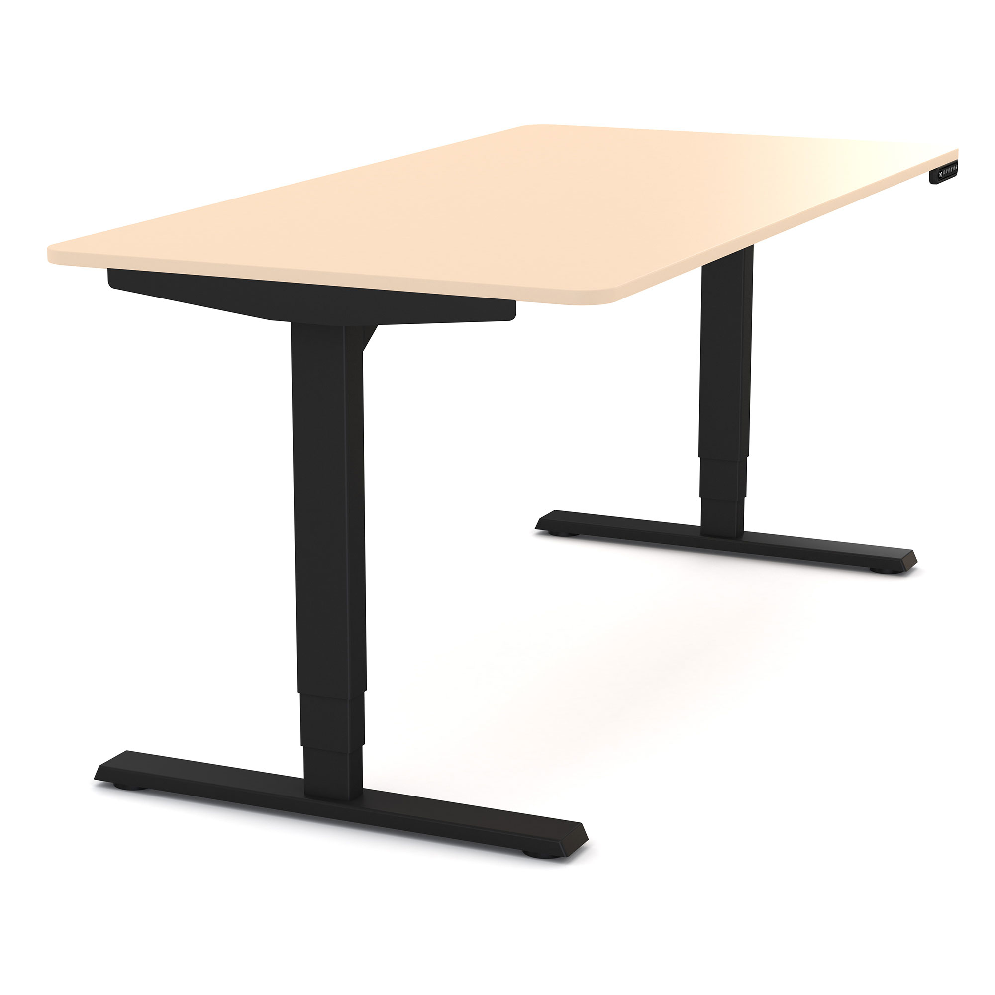 Höhenverstellbarer Schreibtisch mit beigem Holzdekor und schwarzem Gestell.