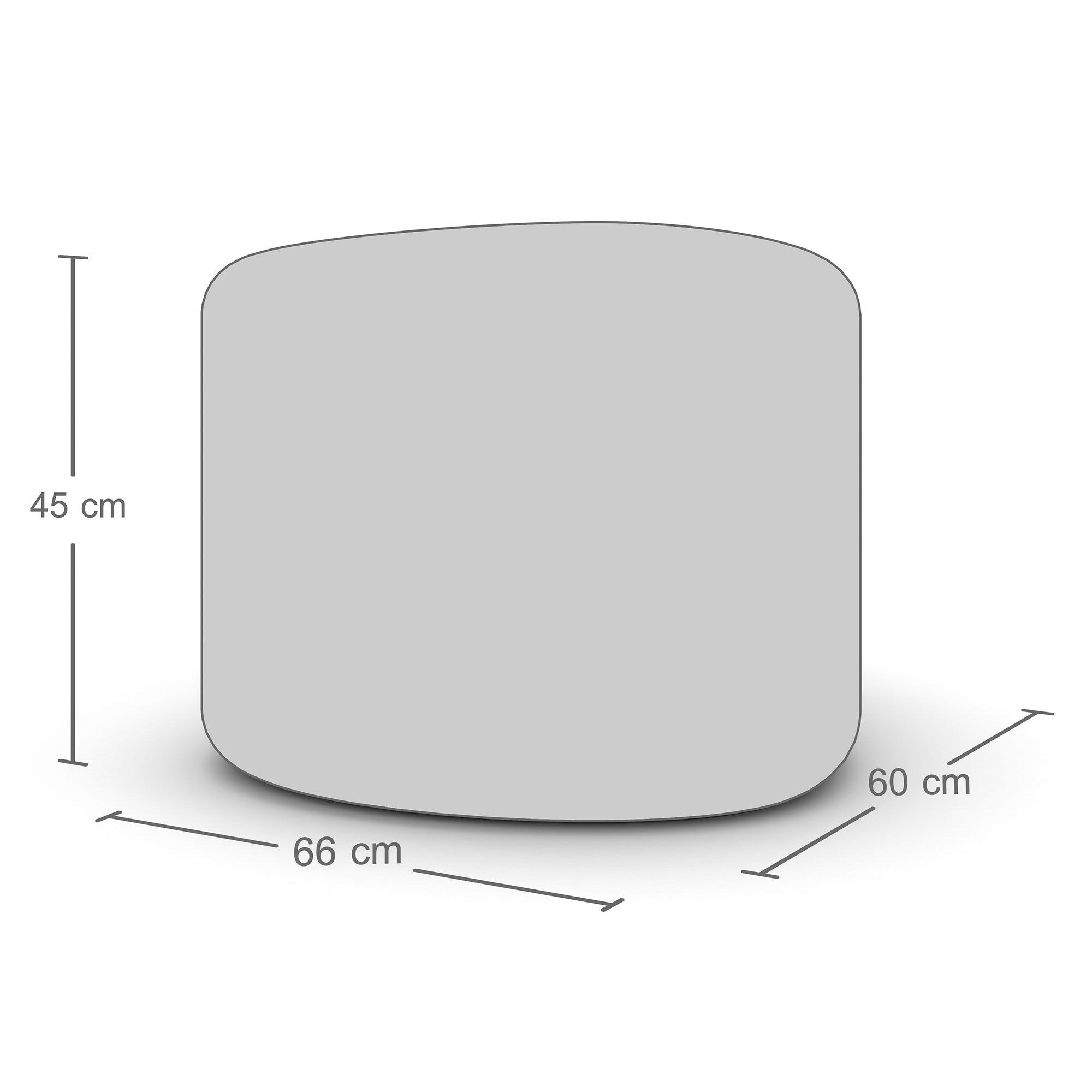 Skizze mit den Abmessungen eines rechteckigen Möbelstücks: 66 cm Breite, 60 cm Tiefe, 45 cm Höhe.