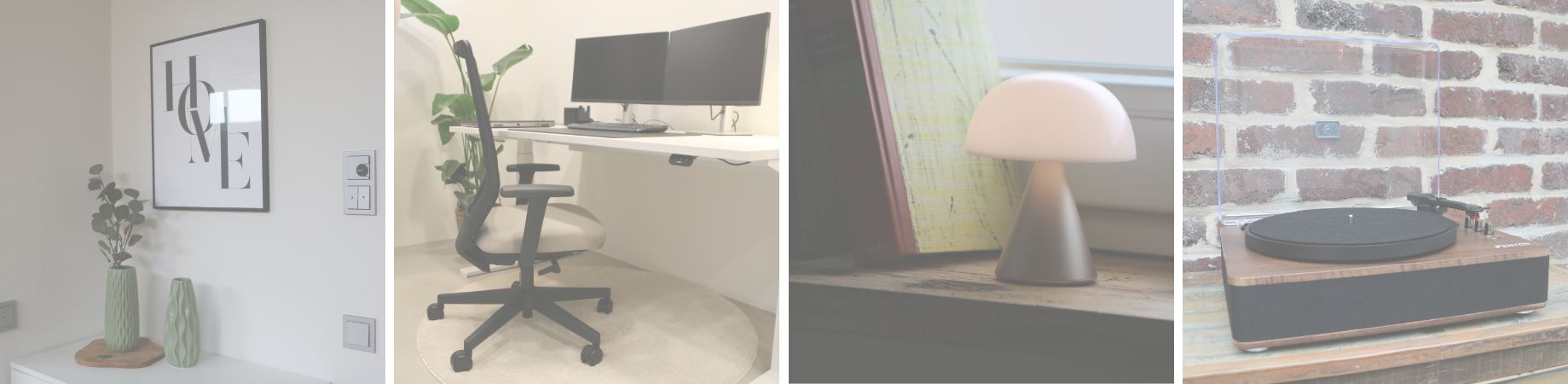 Vier geteilte Interior-Ansichten mit modernem Schreibtisch, Bürostuhl, Tischleuchte und Plattenspieler