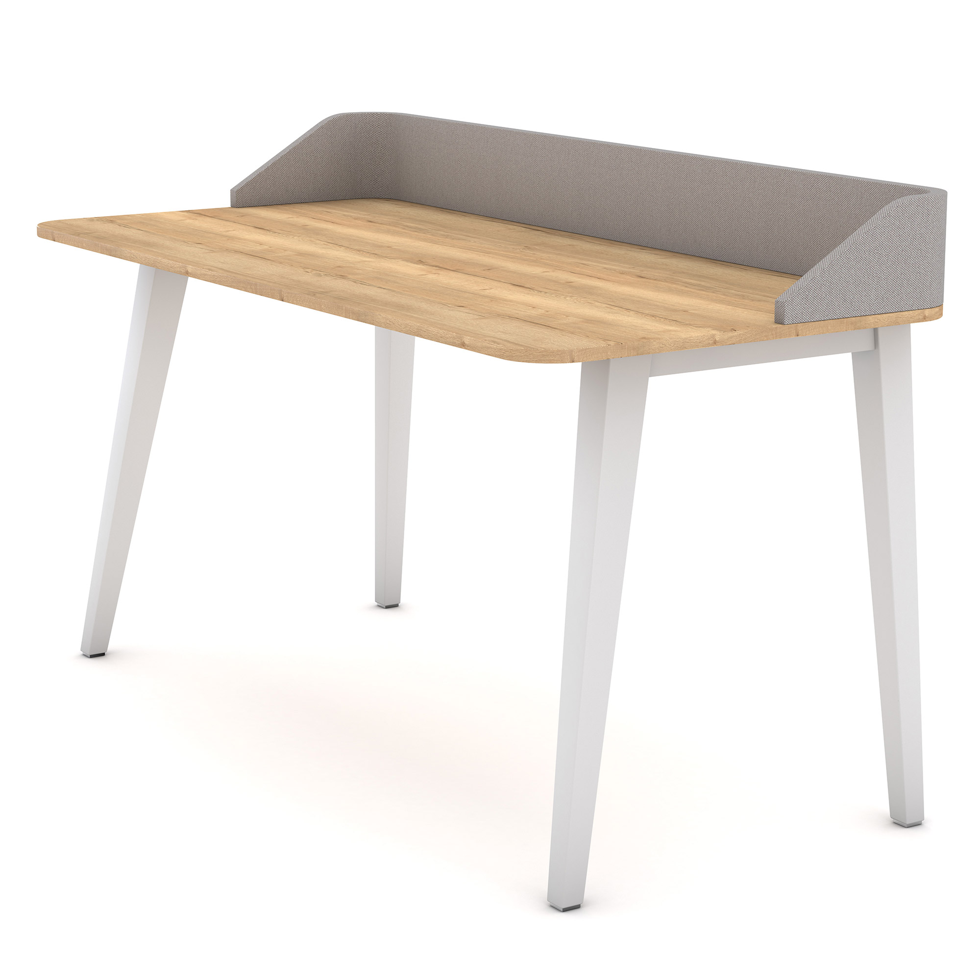 Schreibtisch mit Holzplatte, weißen Beinen und grauer Rückwandblende im modernen Design