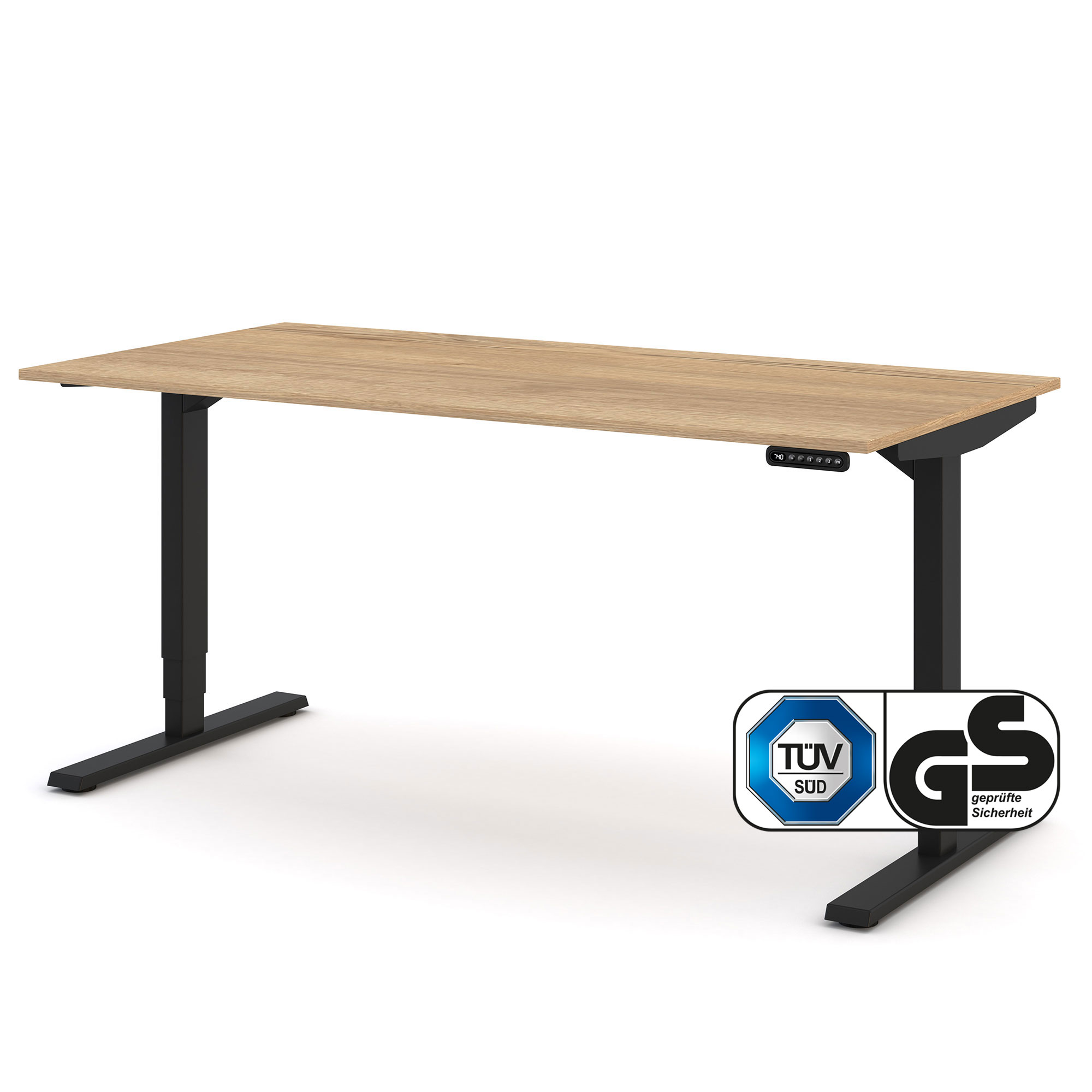 Ein höhenverstellbarer Schreibtisch mit einer Holztischplatte und schwarzen Metallbeinen.