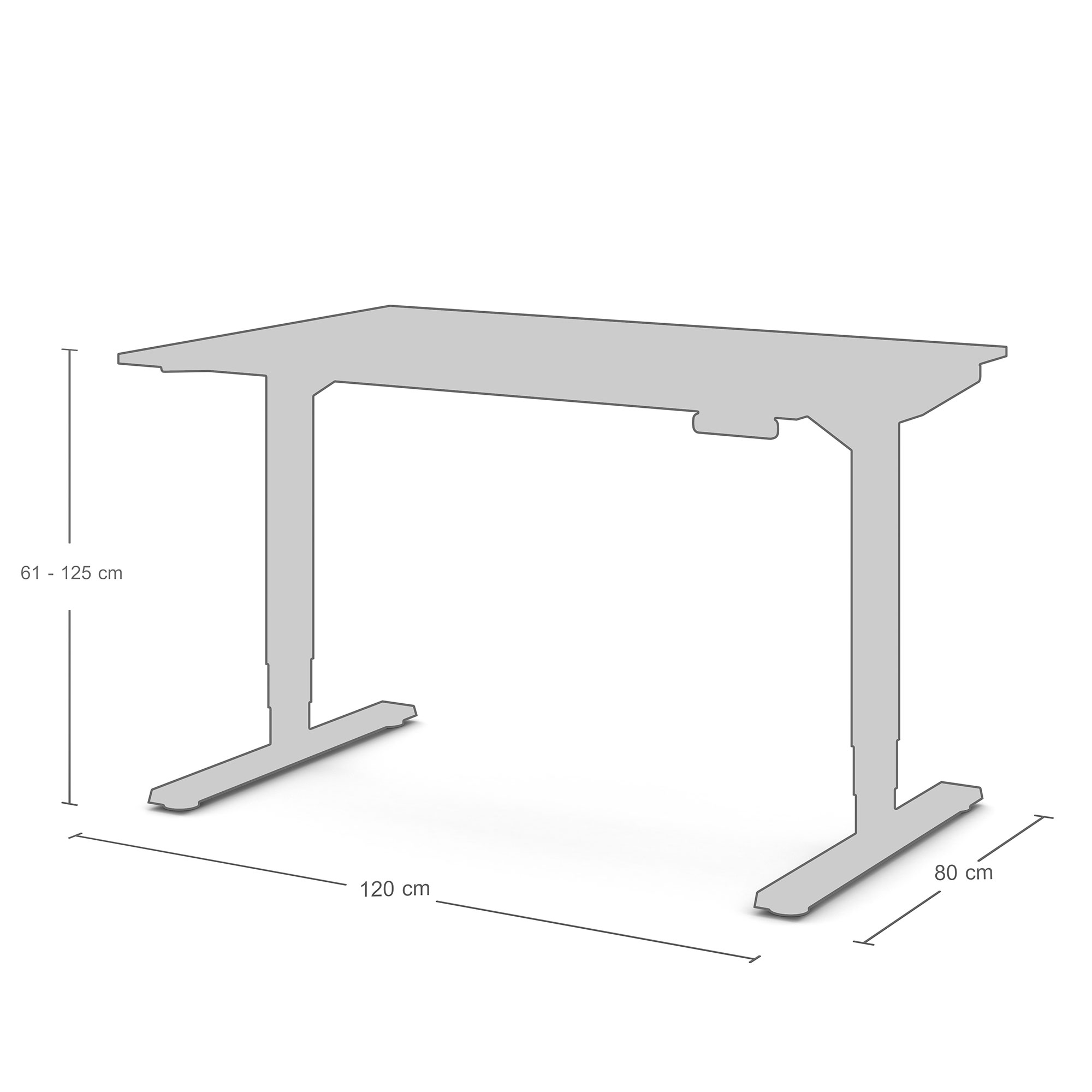 Technische Skizze des elektrisch höhenverstellbaren Schreibtisches Modell ‘Y-Line’ von ASSMANN mit rechteckiger Tischplatte (Maße: 120 cm Breite × 80 cm Tiefe); Darstellung in Grautönen mit Maßlinien.