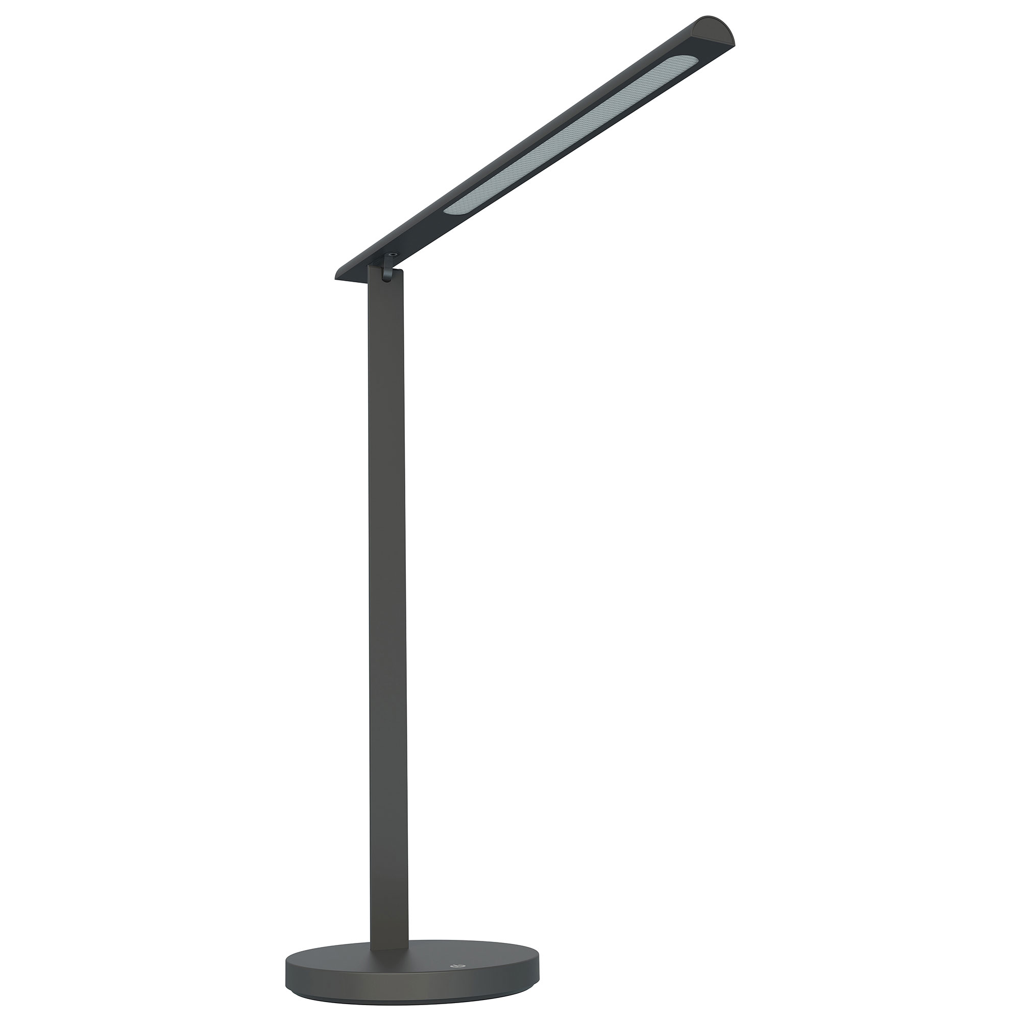 Schwarze LED-Schreibtischlampe mit schlankem, modernem Design und rundem Fuß.