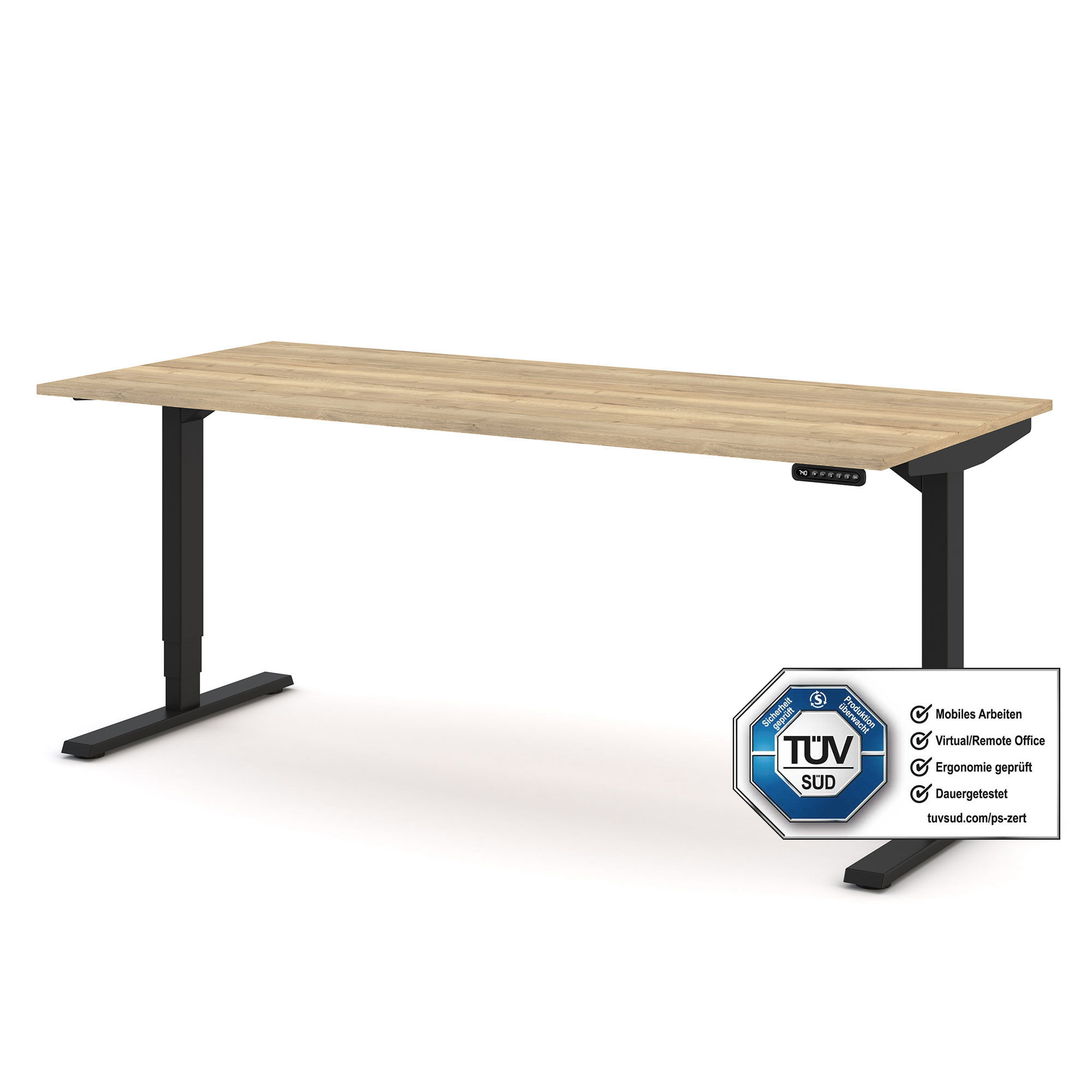Ein ergonomischer Schreibtisch mit einer Holzplatte und einem schwarzen Gestell, ausgestattet mit einem Bedienfeld.