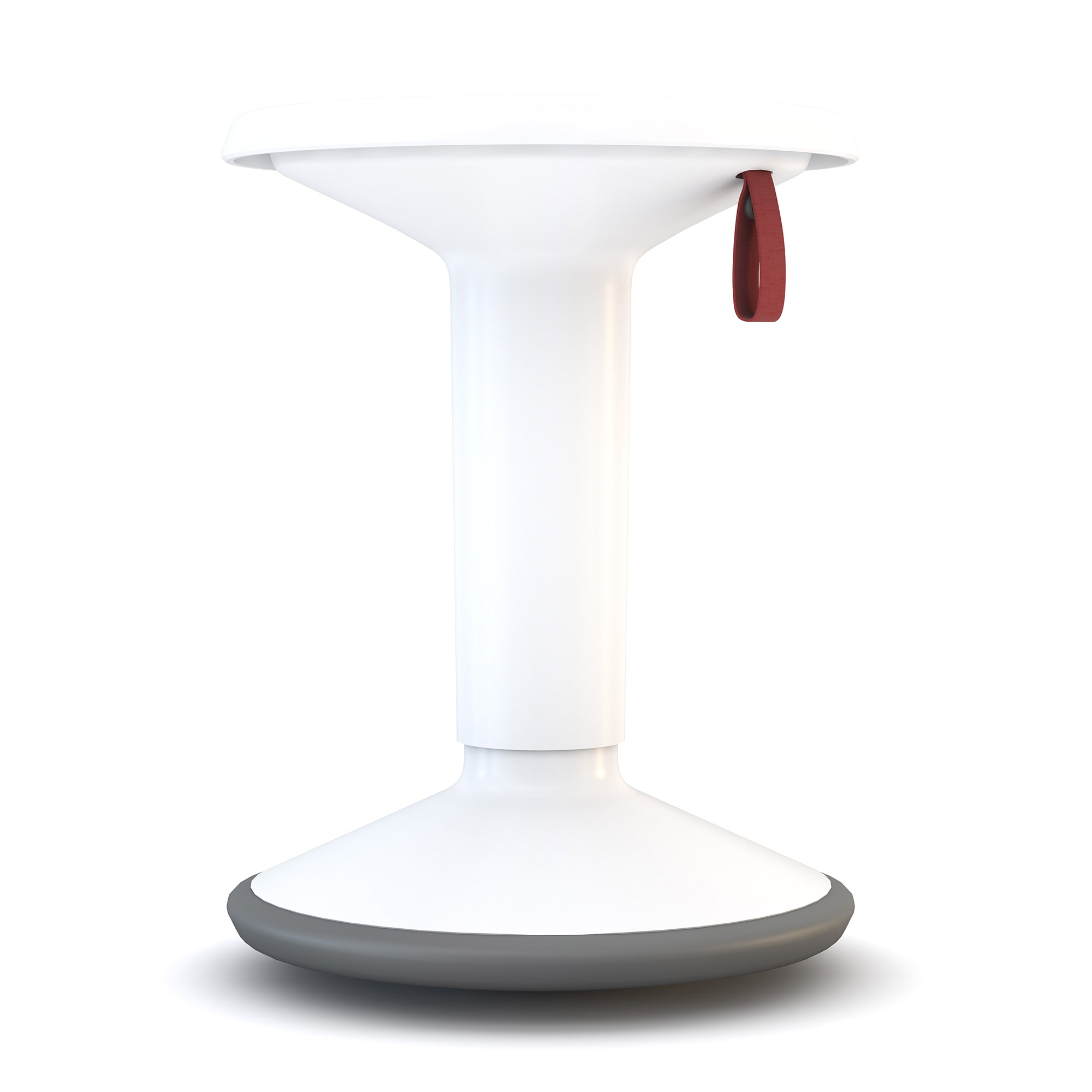 Weißer ergonomischer Stehhocker mit rotem Tragegriff und grauem Standfuß.