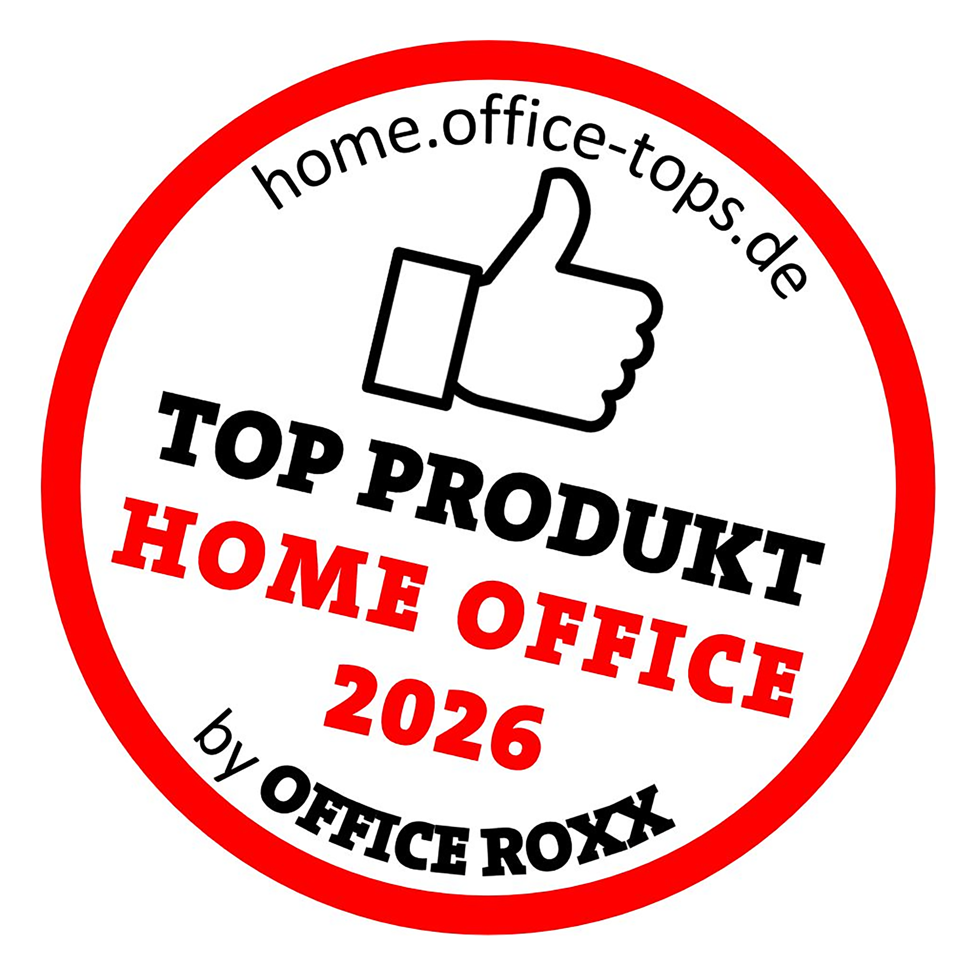 Ein Siegel mit der Aufschrift 'TOP PRODUKT HOME OFFICE 2025' und einem Daumen nach oben, erstellt von OFFICE ROXX.