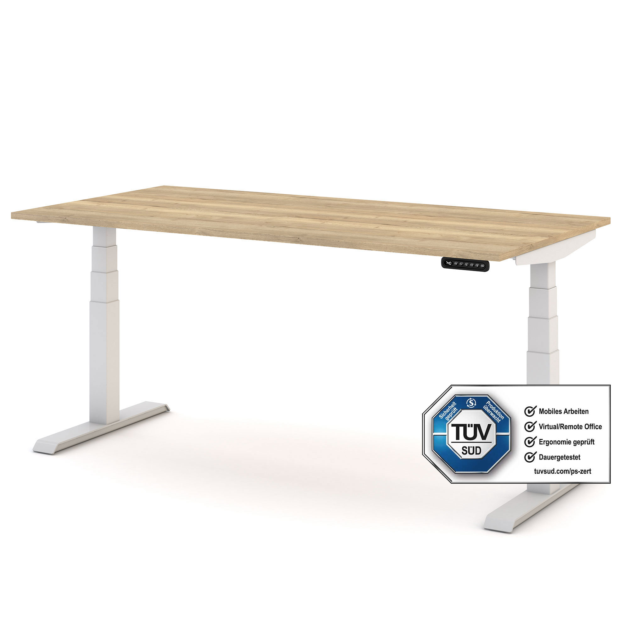 Elektrisch höhenverstellbarer Schreibtisch mit Holzplatte, weißem Gestell und TÜV-Zertifizierung.