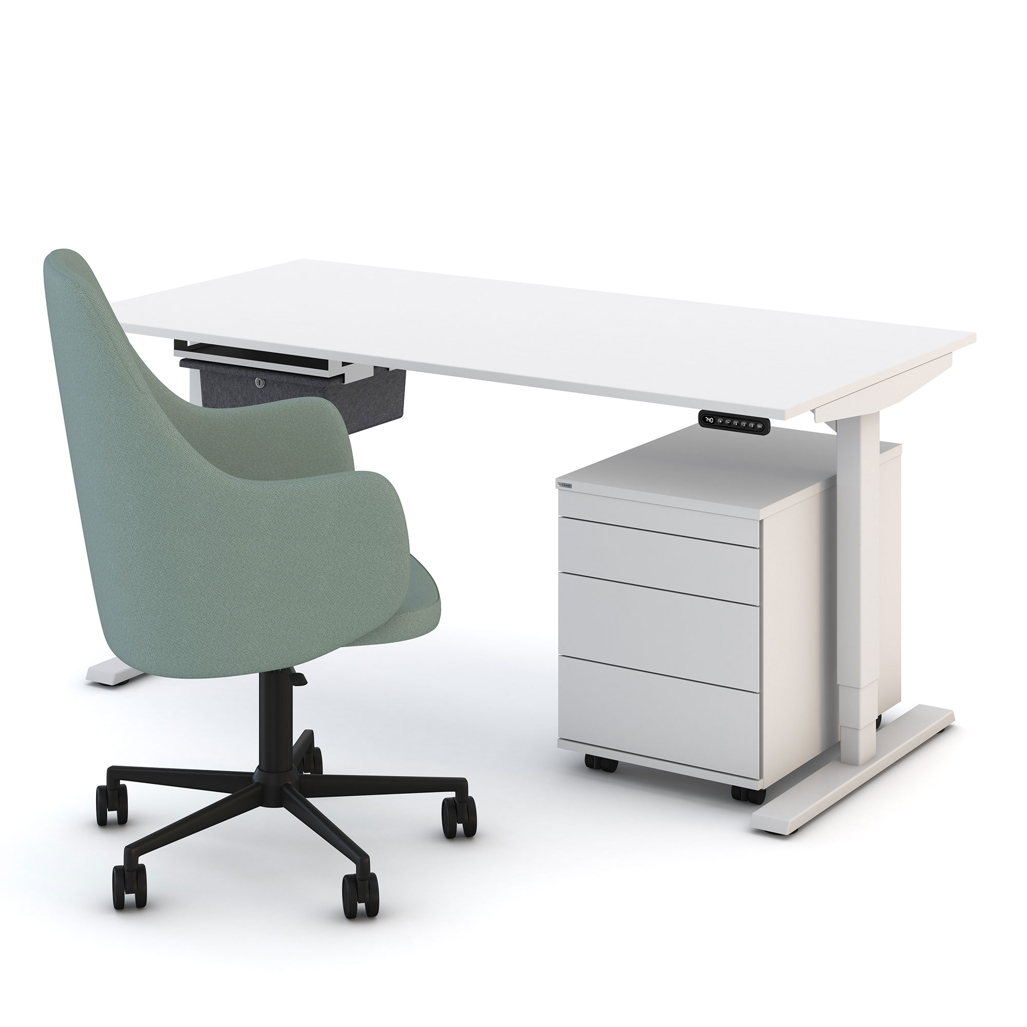 Homeoffice-Set mit weißem Schreibtisch, grünem Drehstuhl und Rollcontainer.