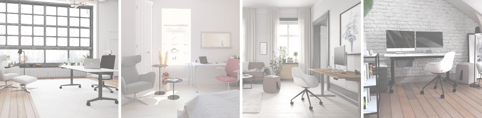 Vier verschiedene Homeoffice-Arbeitsplätze mit modernen höhenverstellbaren Schreibtischen und ergonomischen Stühlen.
