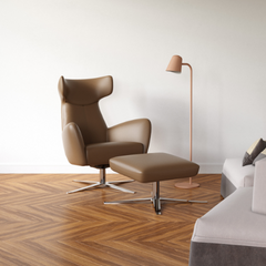 Brauner Relaxsessel mit Hocker und Stehleuchte in modernem Wohnzimmer
