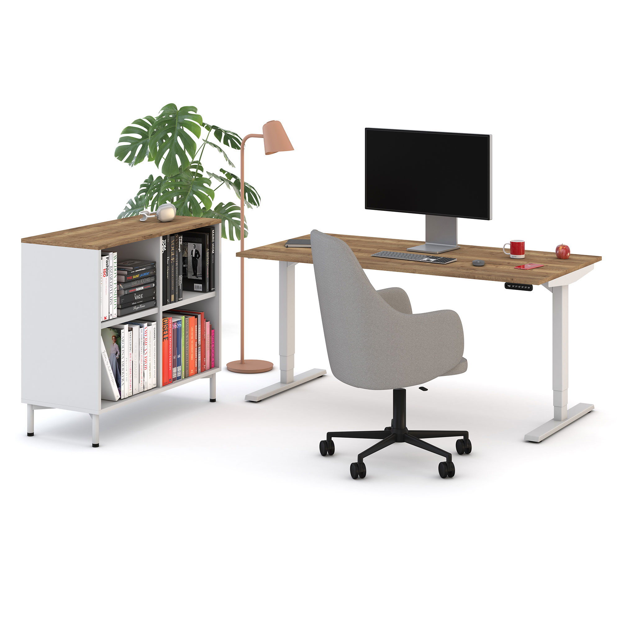 Ein modernes Arbeitszimmer mit einem Schreibtisch, einem ergonomischen Stuhl, einem Computerbildschirm, einer Lampe, einer Pflanze und einem Bücherregal.