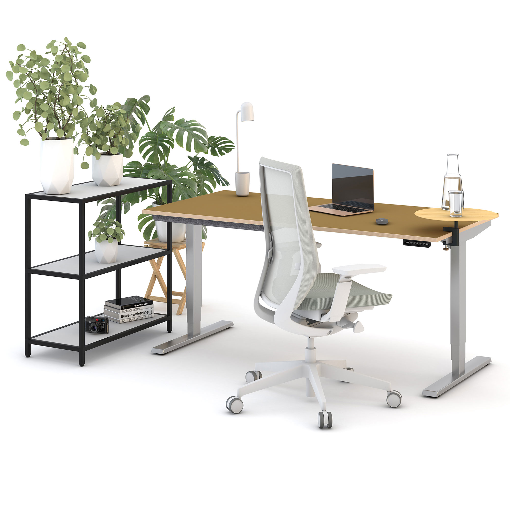 Moderner höhenverstellbarer Schreibtisch mit hellem Holz und grauen Metallbeinen, ergonomischer weißer Bürostuhl, schwarzes Regal mit grünen Pflanzen und Dekoration