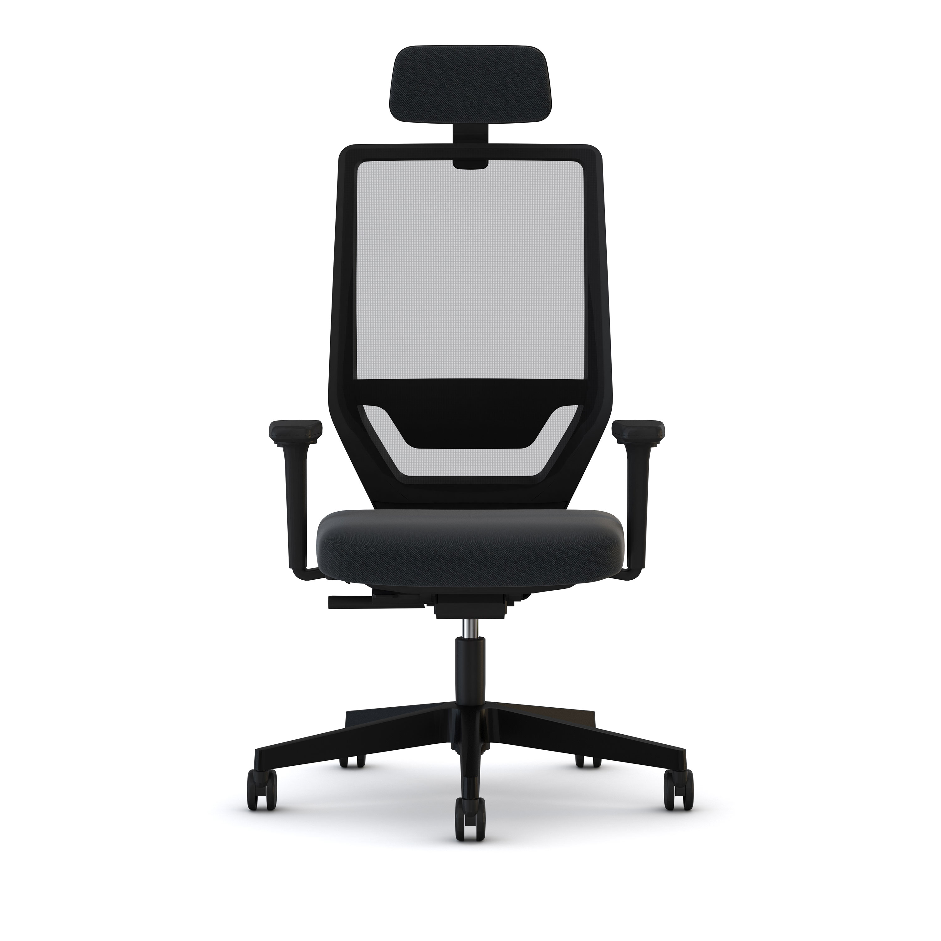 Ergonomischer Bürostuhl mit Netzrückenlehne, Kopfstütze und schwarzen Armlehnen.
