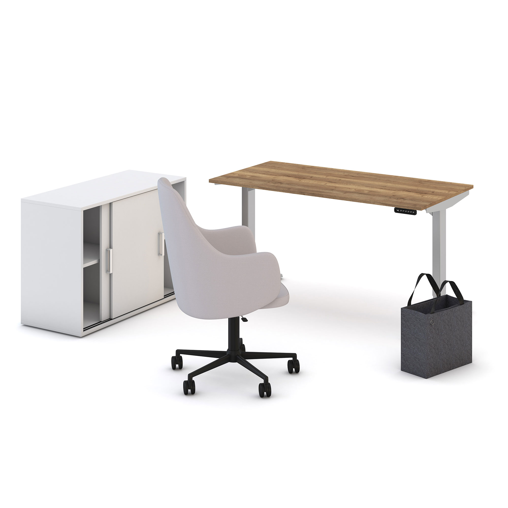Büroeinrichtung mit Holz-Schreibtisch, grauem Drehstuhl, weißem Schrank und Filztasche.
