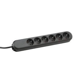 Schwarze 6-fach Steckdosenleiste mit Kabel und Schukostecker